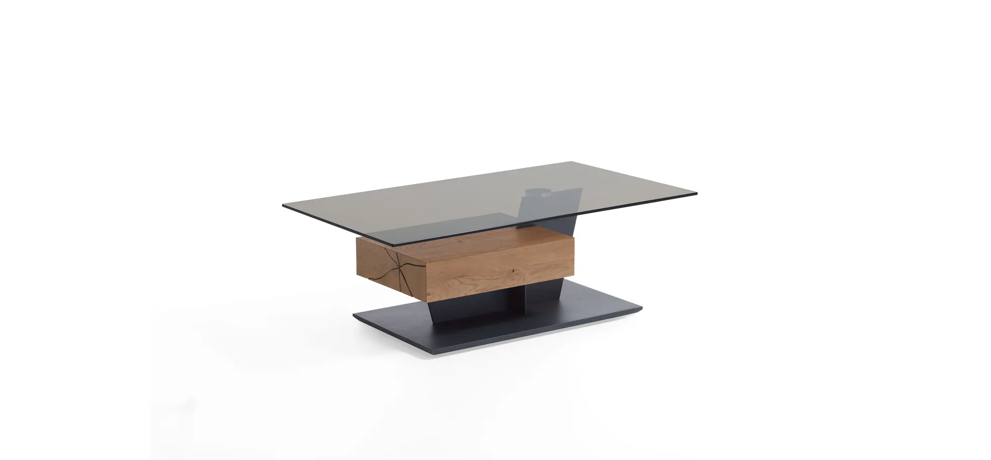 Couchtisch - Schubkasten, LBH120x70x45 cm, Kerneiche massiv, Glas, Bronze