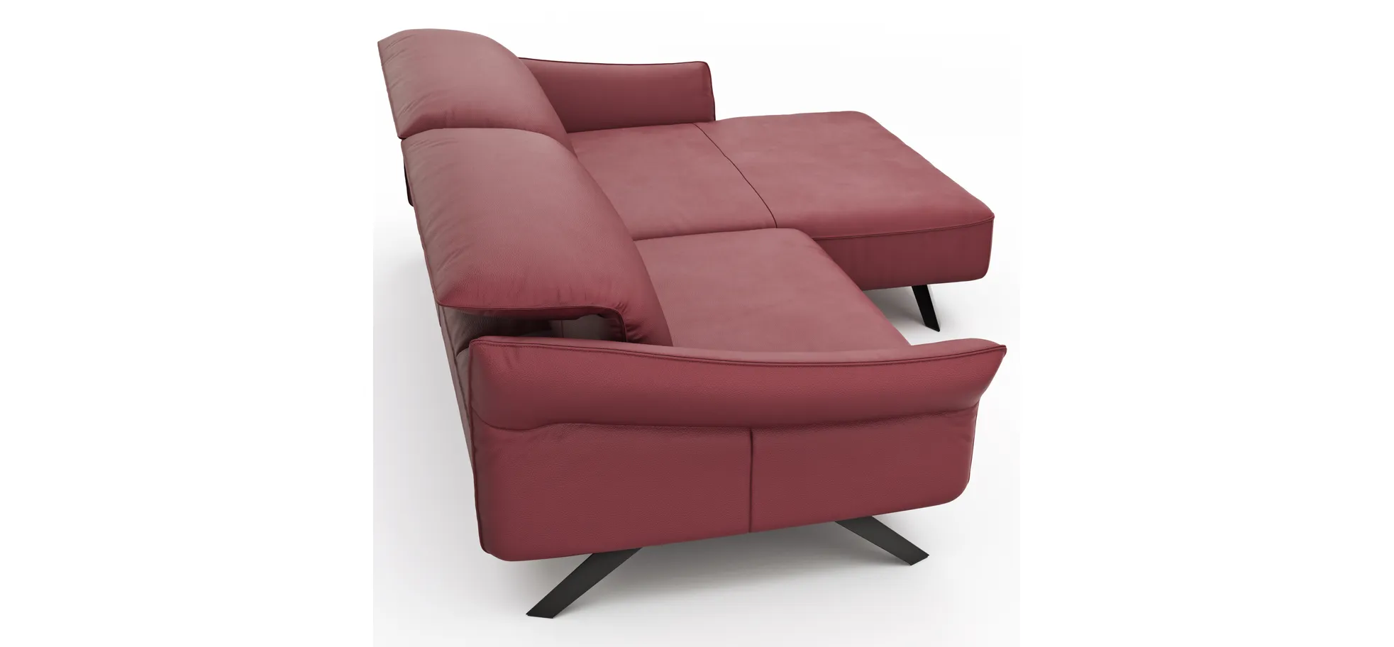 Ecksofa Bormio - 1,5-Sitzer, Longchair rechts, inkl. Kopfteilverstellung, Leder, Weinrot