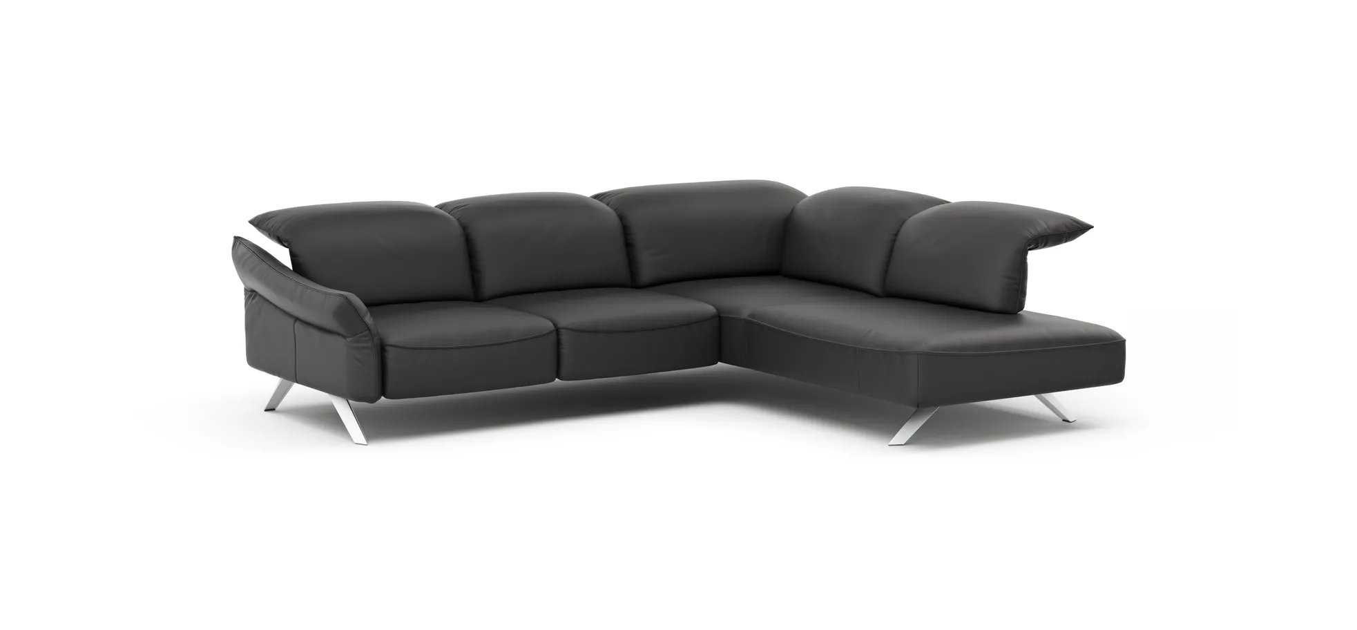 Ecksofa Bormio - 2,5-Sitzer und Ecke rechts, Kopfteilverstellung, Leder, Schwarz