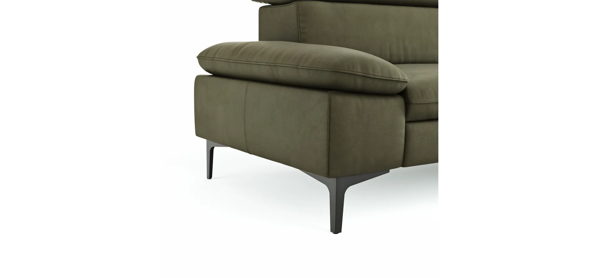 Ecksofa Felipa - 2,5-Sitzer mit Longchair rechts inkl. Kopfteil verstellbar, Leder, Olive