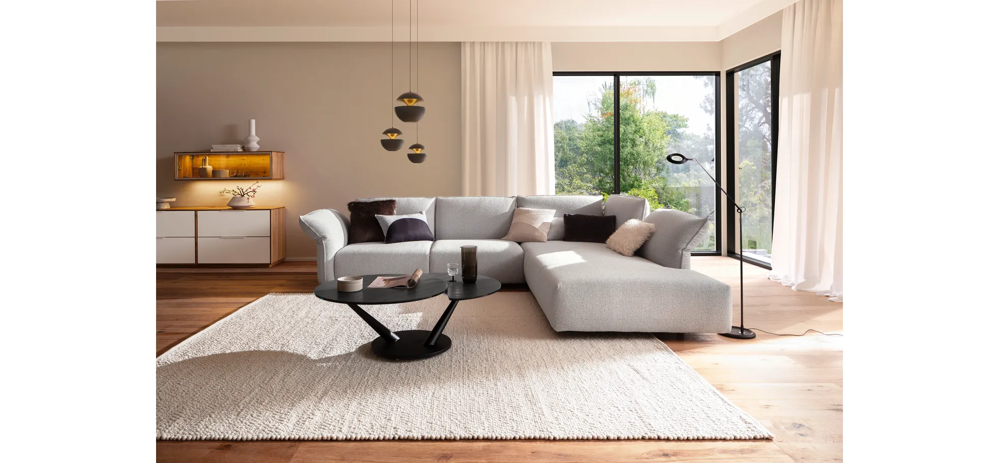 Ecksofa Motone - 2,5-Sitzer mit Ecke rechts, Stoff, Hellgrau