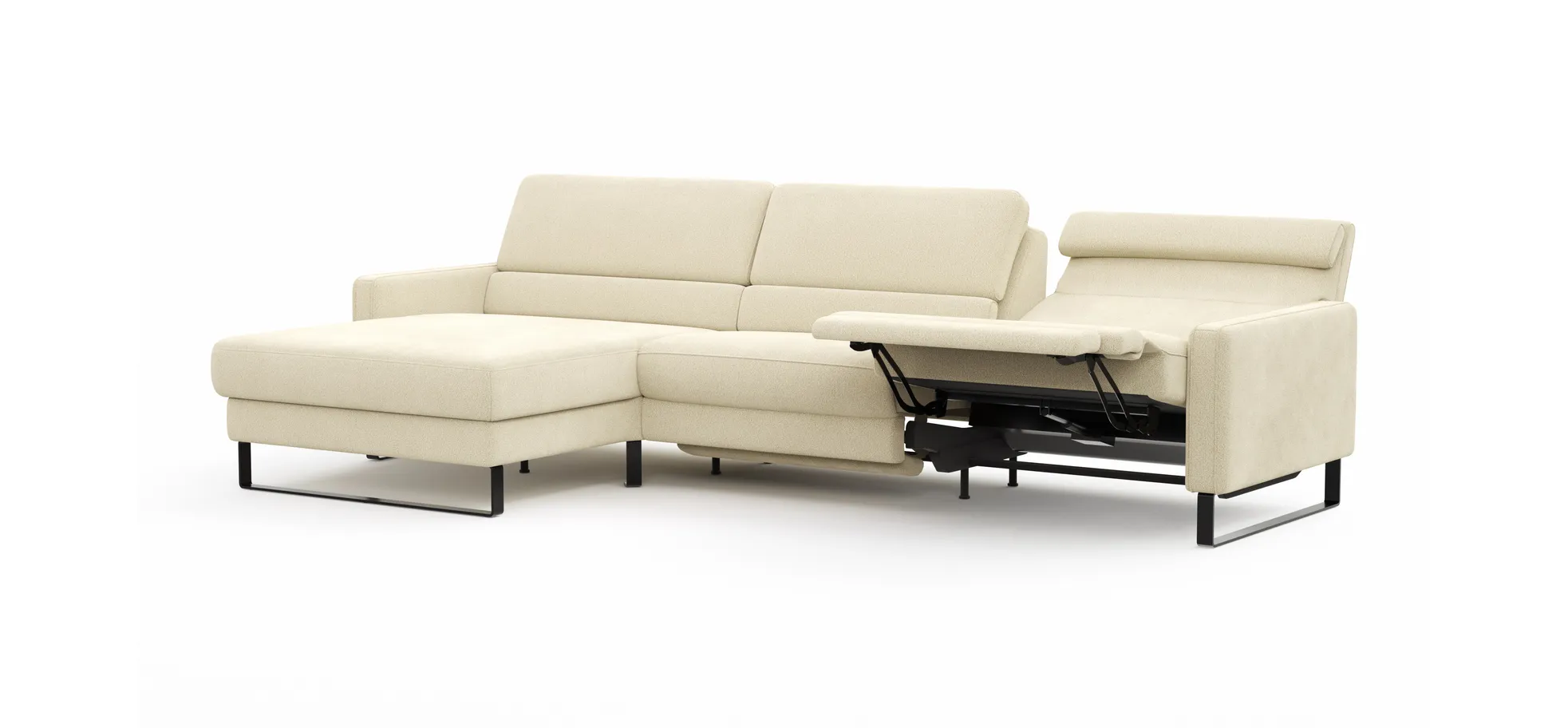 Ecksofa Valera - Longchair mit 3-Sitzer rechts inkl. Rückenlehne verstellbar und Relaxfunktion motorisch, Stoff, Natur