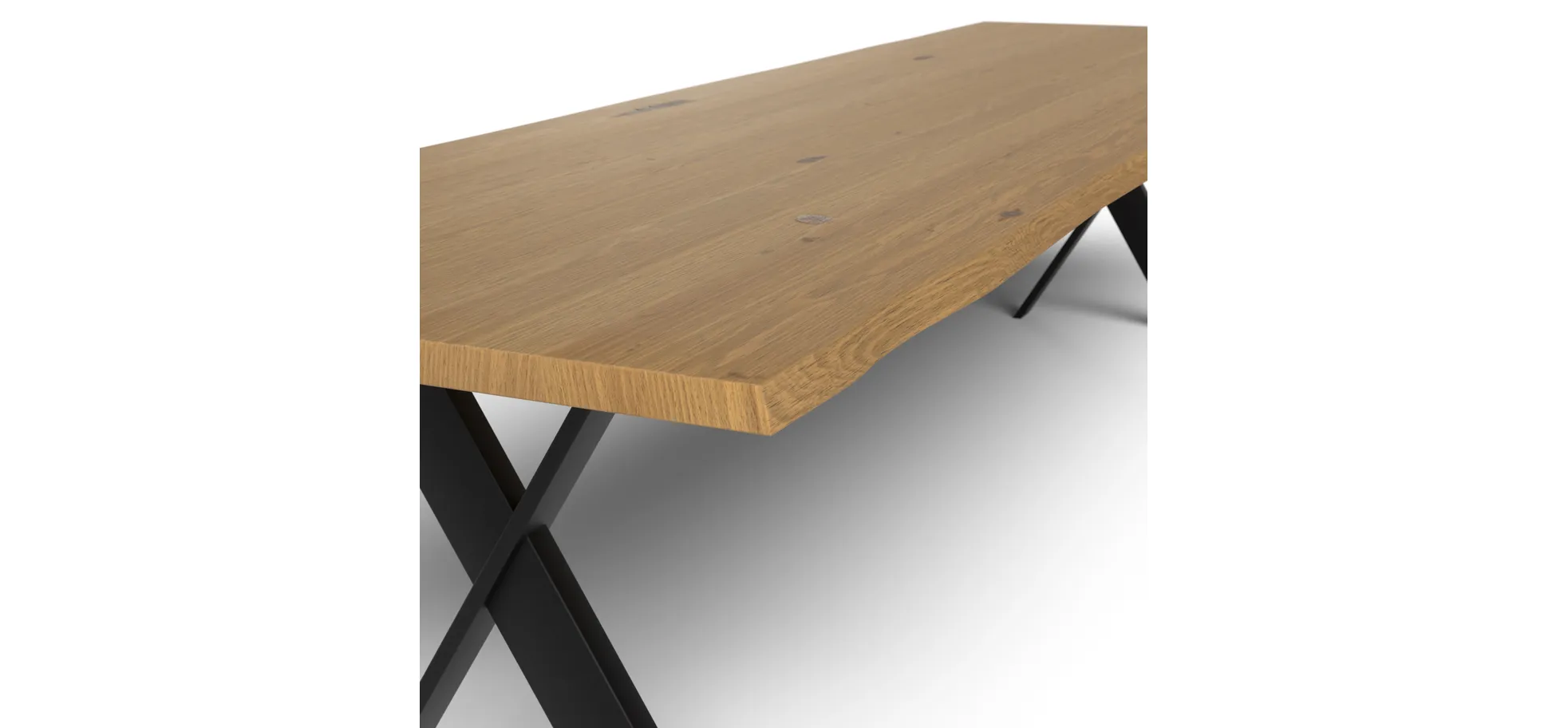 Esstisch 3100 - LB ca. 350x100 cm, Asteiche massiv, Waldkante, Kreuzfuß, Schwarz