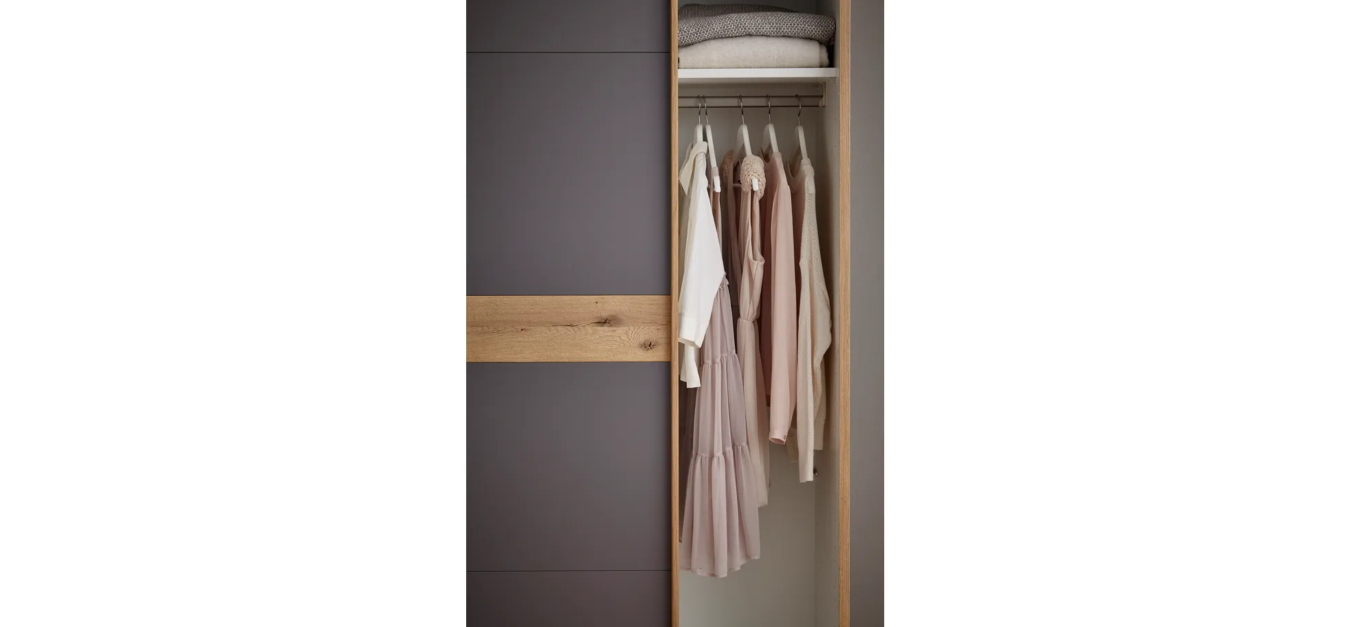 Schwebetürenschrank Viana - inkl. Passepartout, B ca. 271 cm, Lack, Steingrau, Riffholz, Balkeneiche