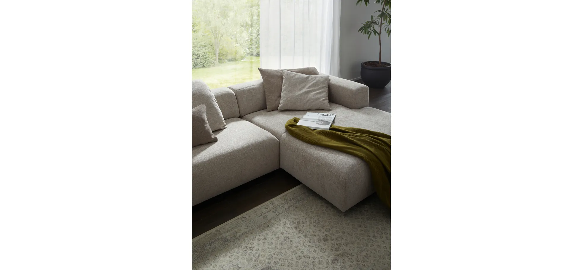 Ecksofa Caruso - 3-Sitzer, Longchair rechts, Stoff, Graubeige