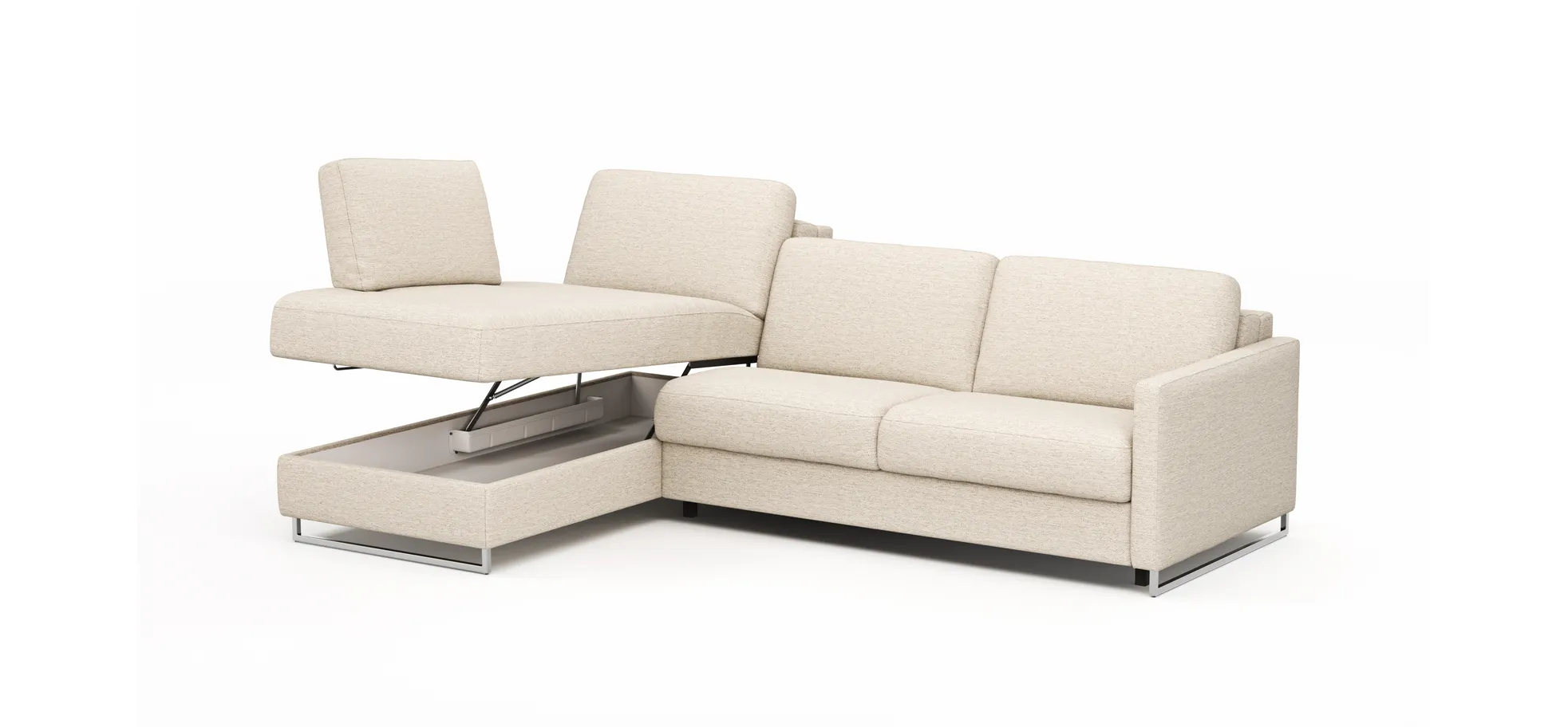 Ecksofa Nuoro - Longchair links mit 2-Sitzer inkl. Schlaffunktion und Bettkasten, Stoff, Beige