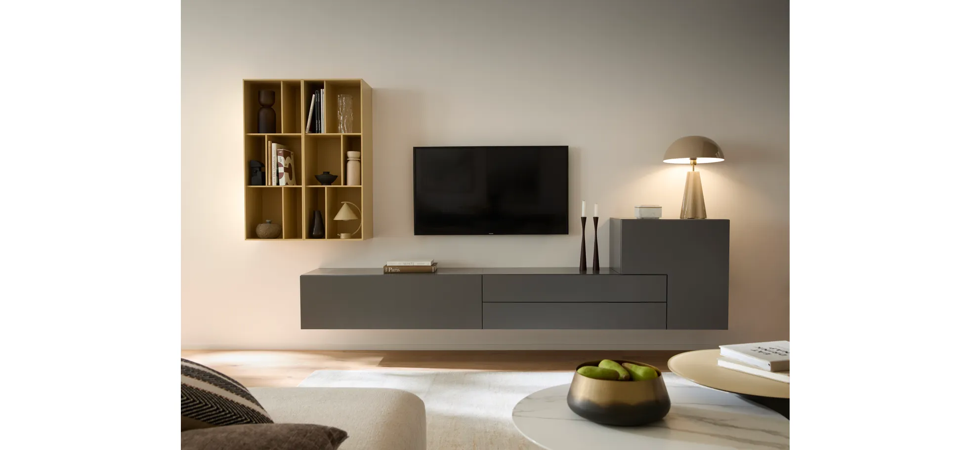 Wohnwand 3900 - Lack, Steingrau, Mandel
