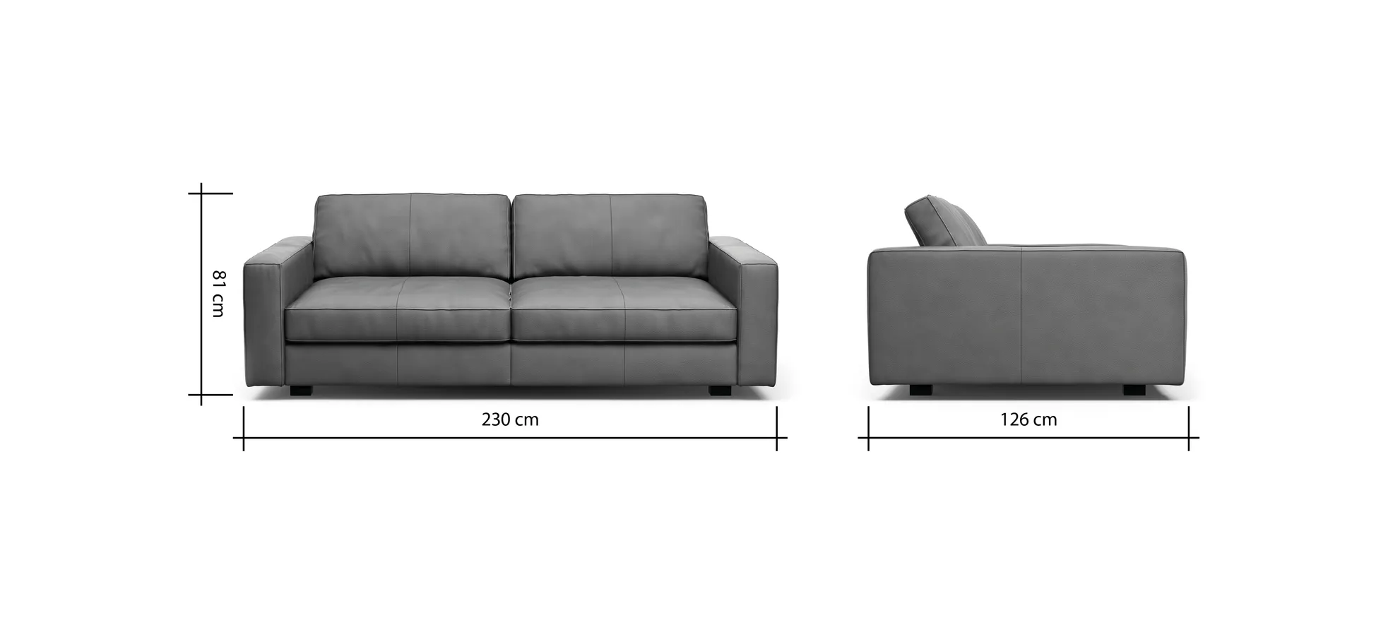 Sofa Aprino 2 - 3,5-Sitzer XL, Dickleder, Schwarz , Armlehne Block schmal