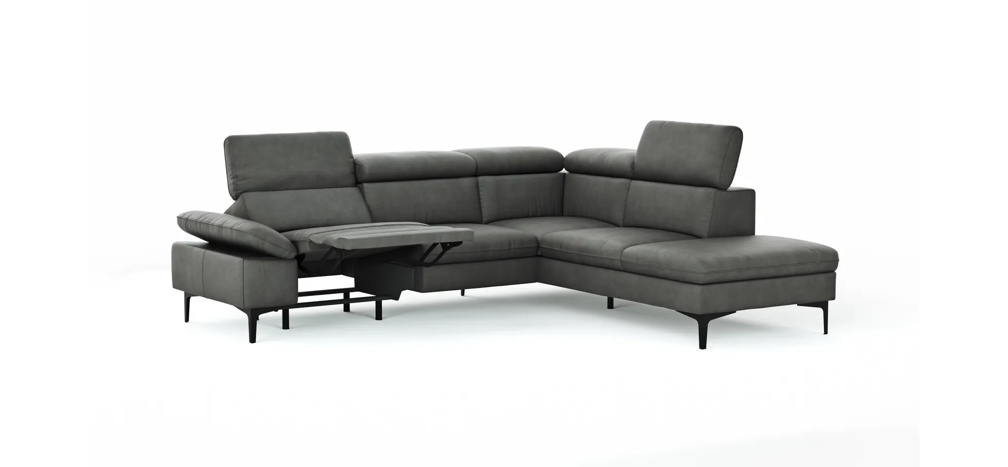 Ecksofa Felipa - 2,5-Sitzer mit Ecke rechts inkl. Armlehne verstellbar und Rückenlehne/Sitztiefe verstellbar (motorisch), Leder, Grau