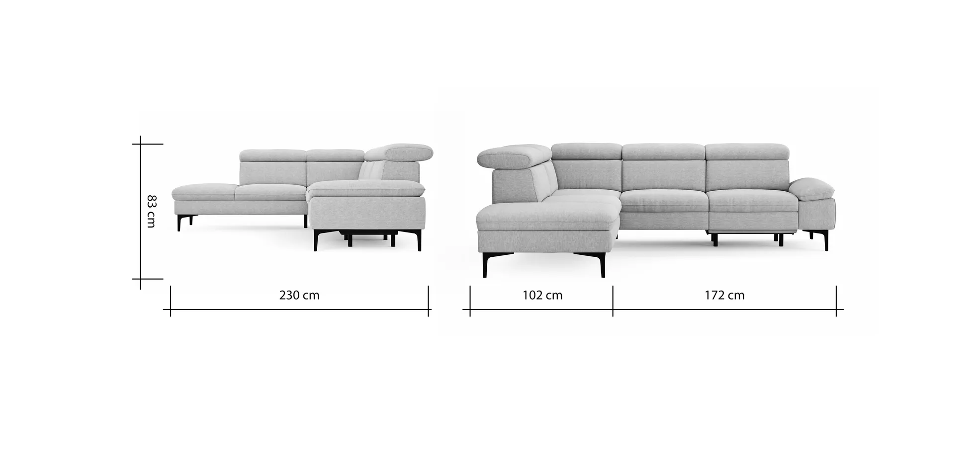 Ecksofa Felipa - Ecke links mit 2,5-Sitzer inkl. Armlehne verstellbar und Rückenlehne/Sitztiefe verstellbar (motorisch), Stoff, Grau