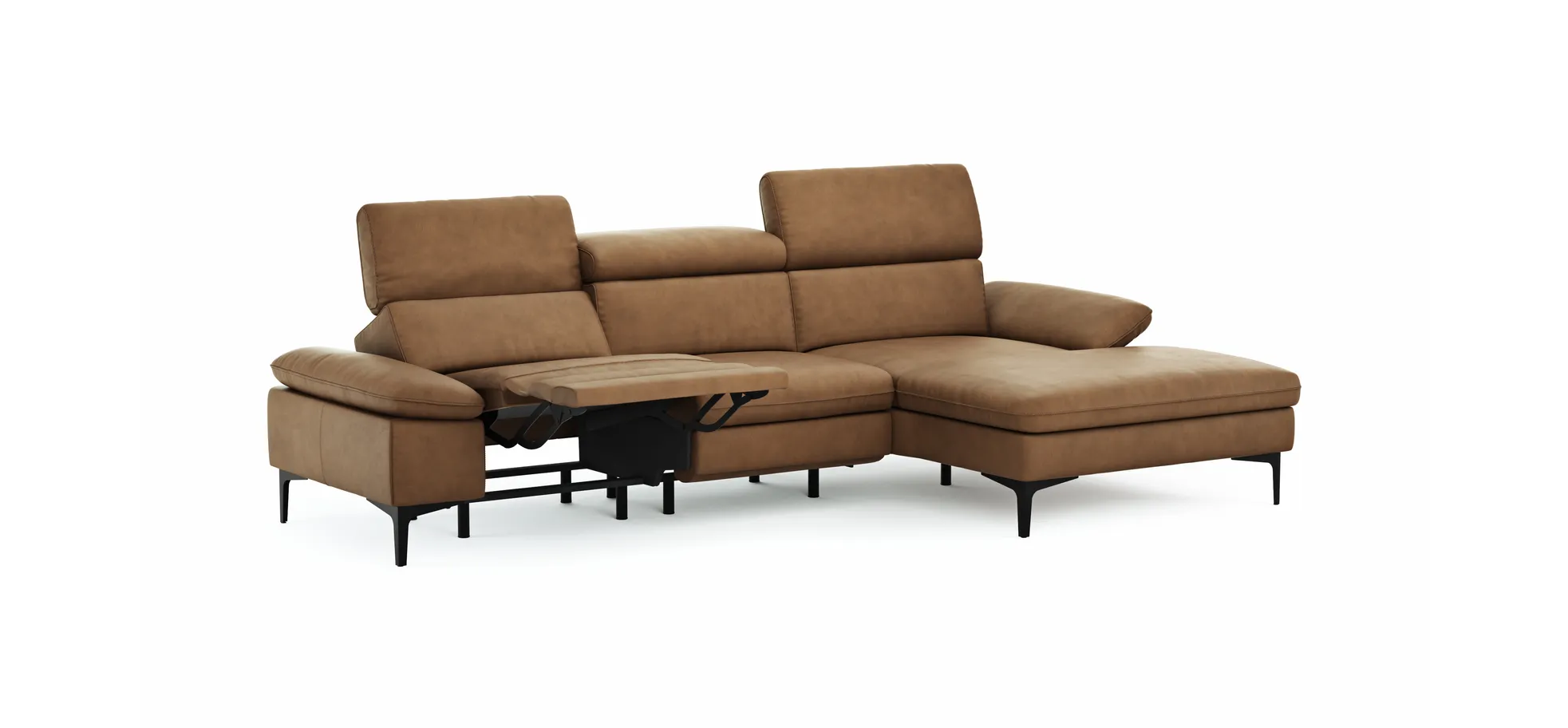 Ecksofa Felipa - 2,5-Sitzer mit Longchair rechts inkl. Armlehne verstellbar und Rückenlehne/Sitztiefe verstellbar (motorisch), Leder, Cognac