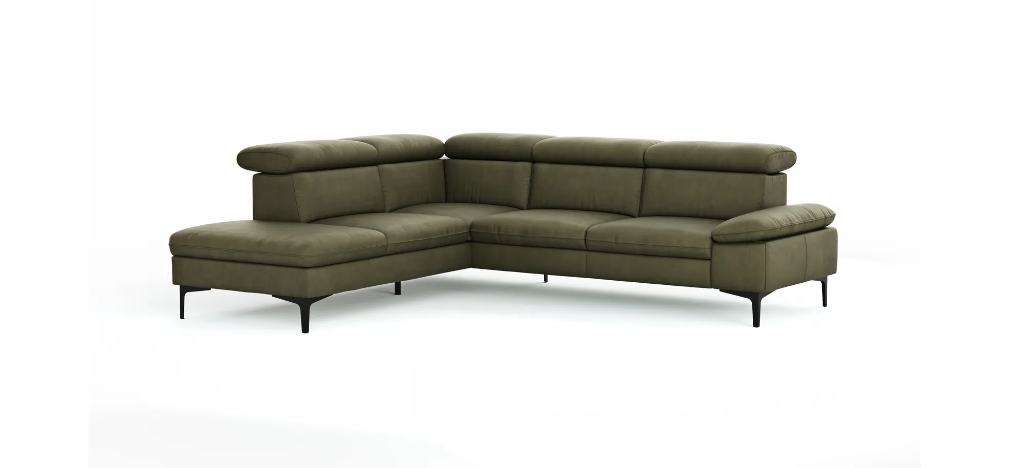 Ecksofa Felipa - Ecke links mit 2,5-Sitzer inkl. Kopfteil verstellbar, Leder, Olive