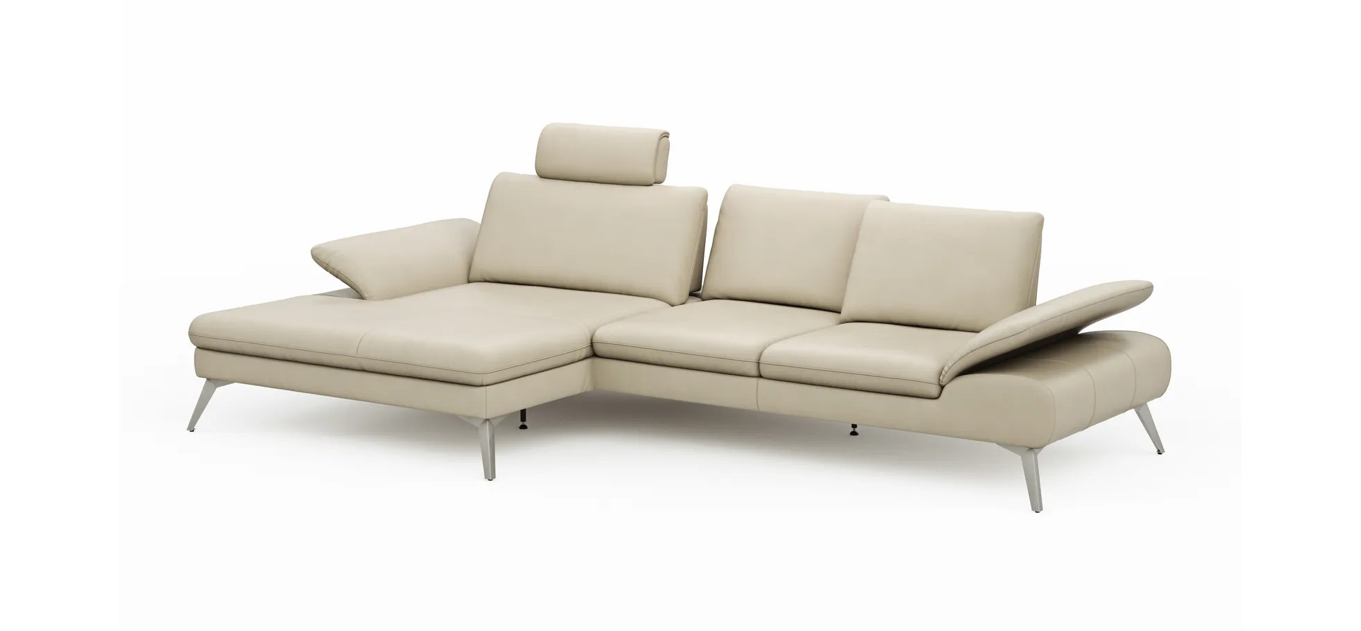 Ecksofa Collina - Longchair links, 2,5-Sitzer, inklusive Kopfstütze, Leder, Ecru
