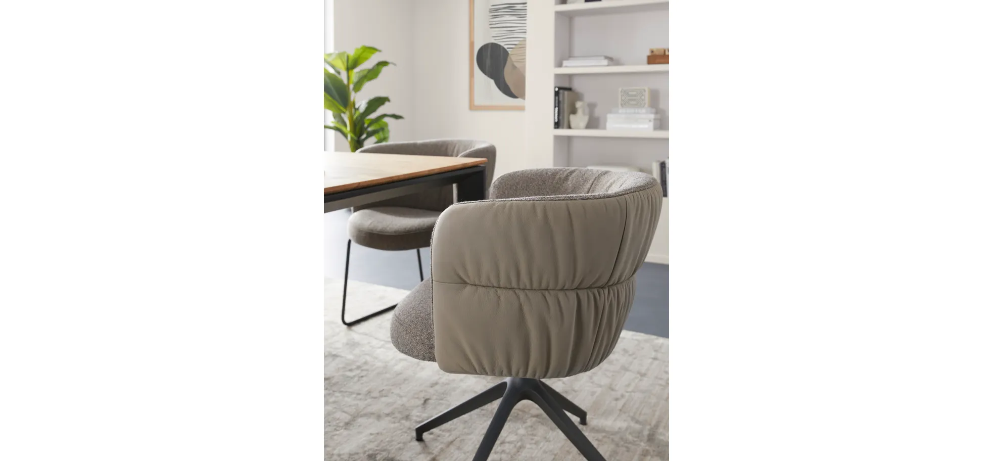 Armlehnstuhl Milana - drehbar, Leder Grau, Stoff Graubraun