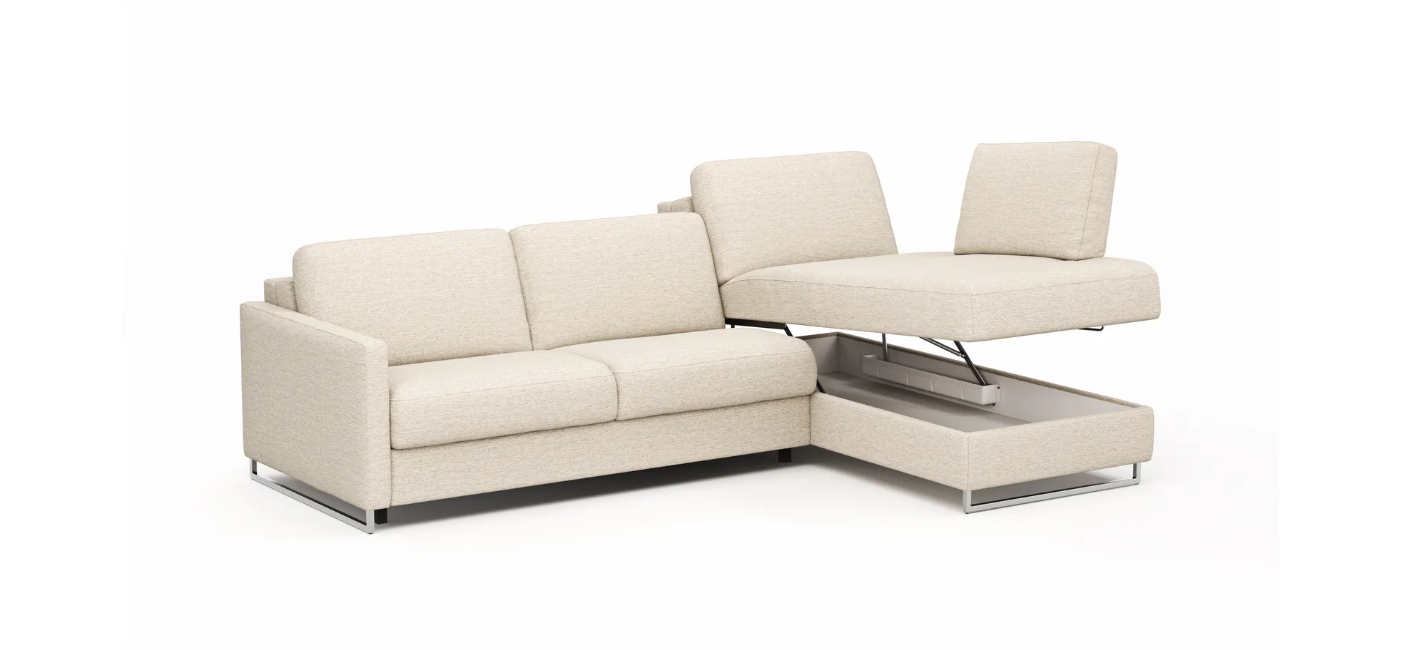 Ecksofa Nuoro - 2-Sitzer mit Longchair rechts inkl. Schlaffunktion und Bettkasten, Stoff, Beige