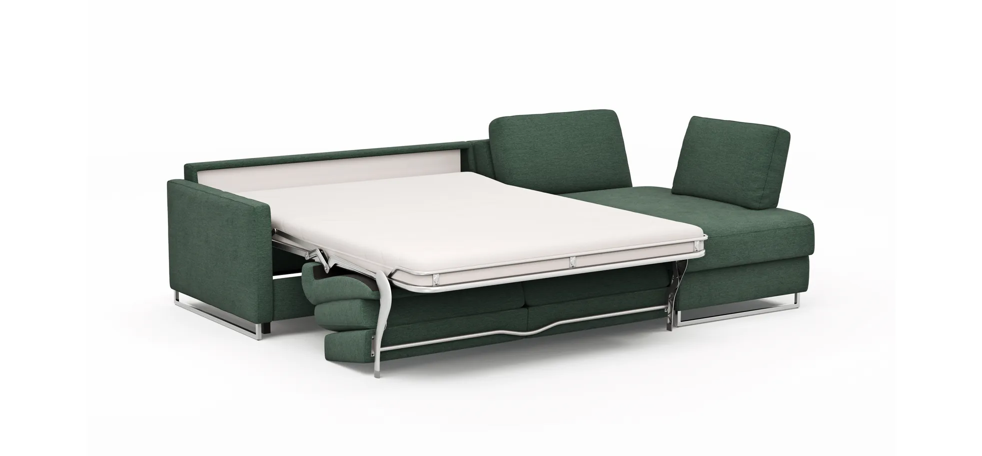 Ecksofa Nuoro - 2-Sitzer mit Longchair rechts inkl. Schlaffunktion und Bettkasten, Stoff, Dunkelgrün