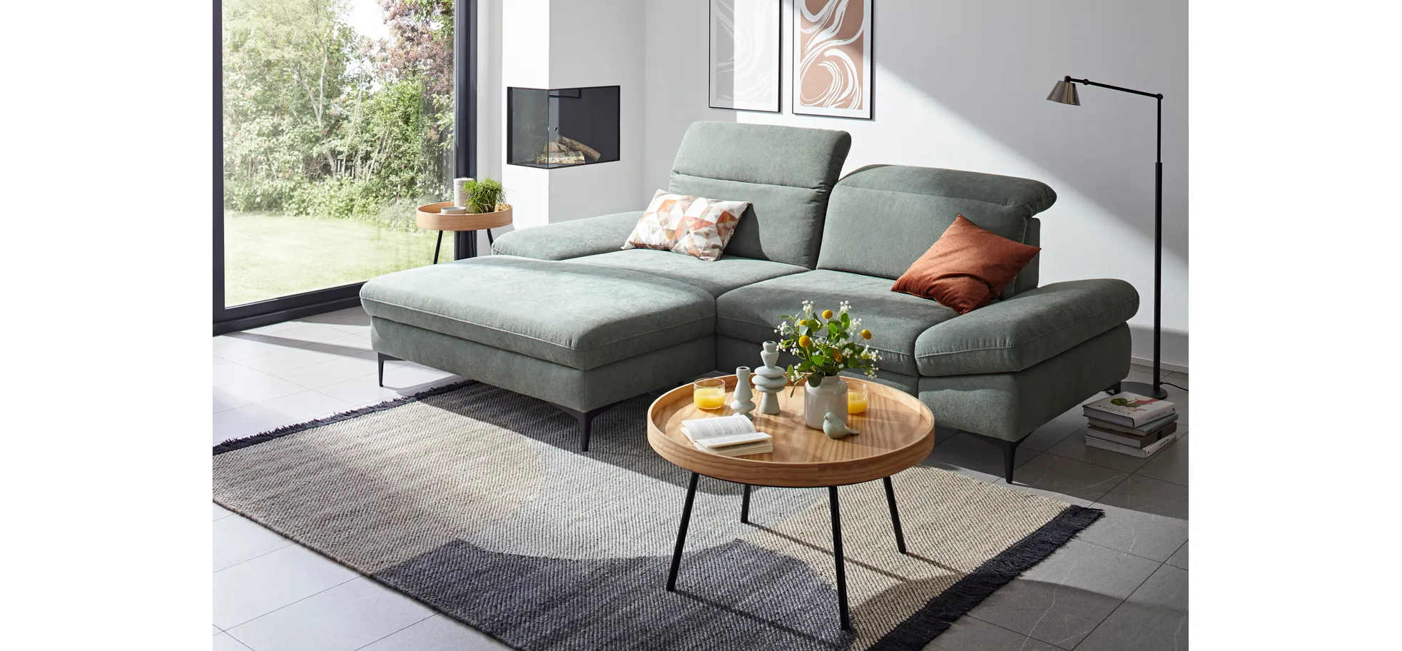 Ecksofa Alegria - Longchair links mit 1,5-Sitzer inkl. Kopfteil/ Armlehne/ Sitztiefe verstellbar, Stoff, Eisblau