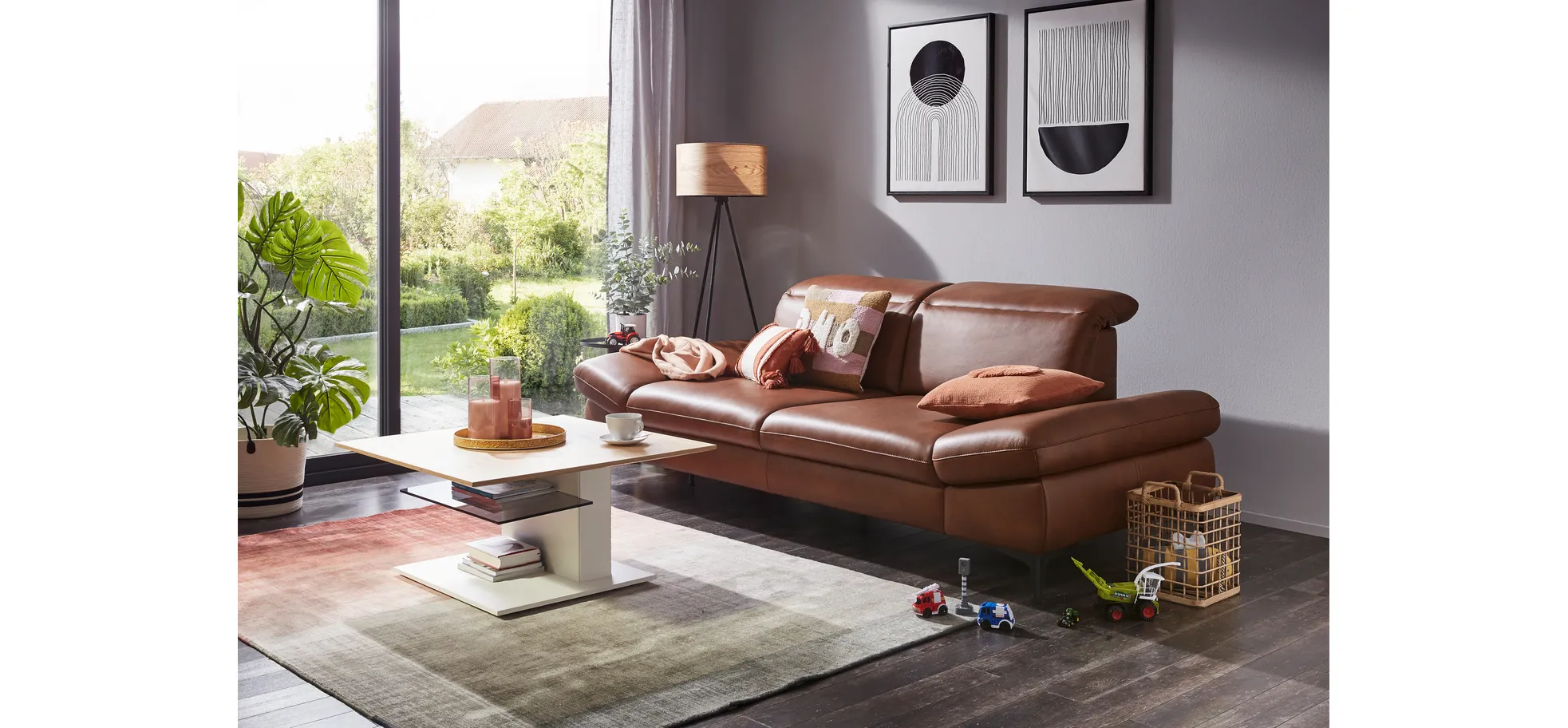 Sofa Alegria - 2,5-Sitzer inkl. Armlehne klappbar, Leder, Cognac
