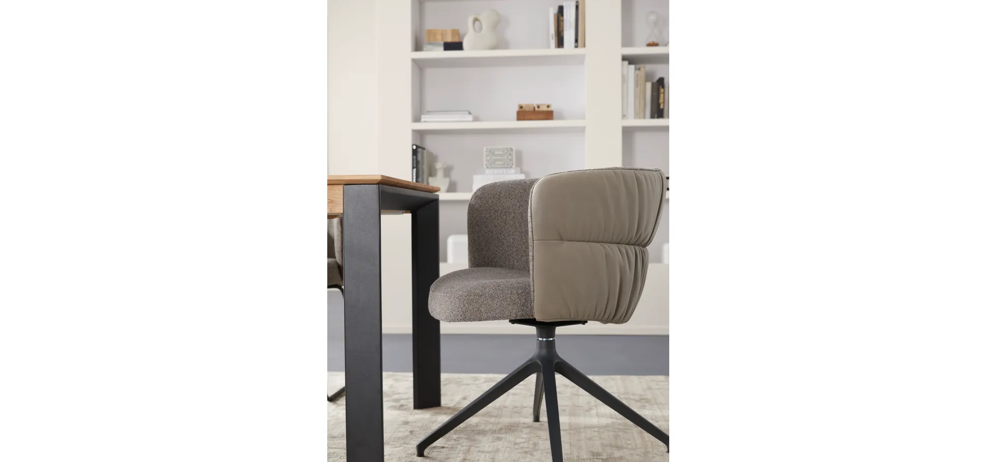 Armlehnstuhl Milana - drehbar, Leder Grau, Stoff Graubraun