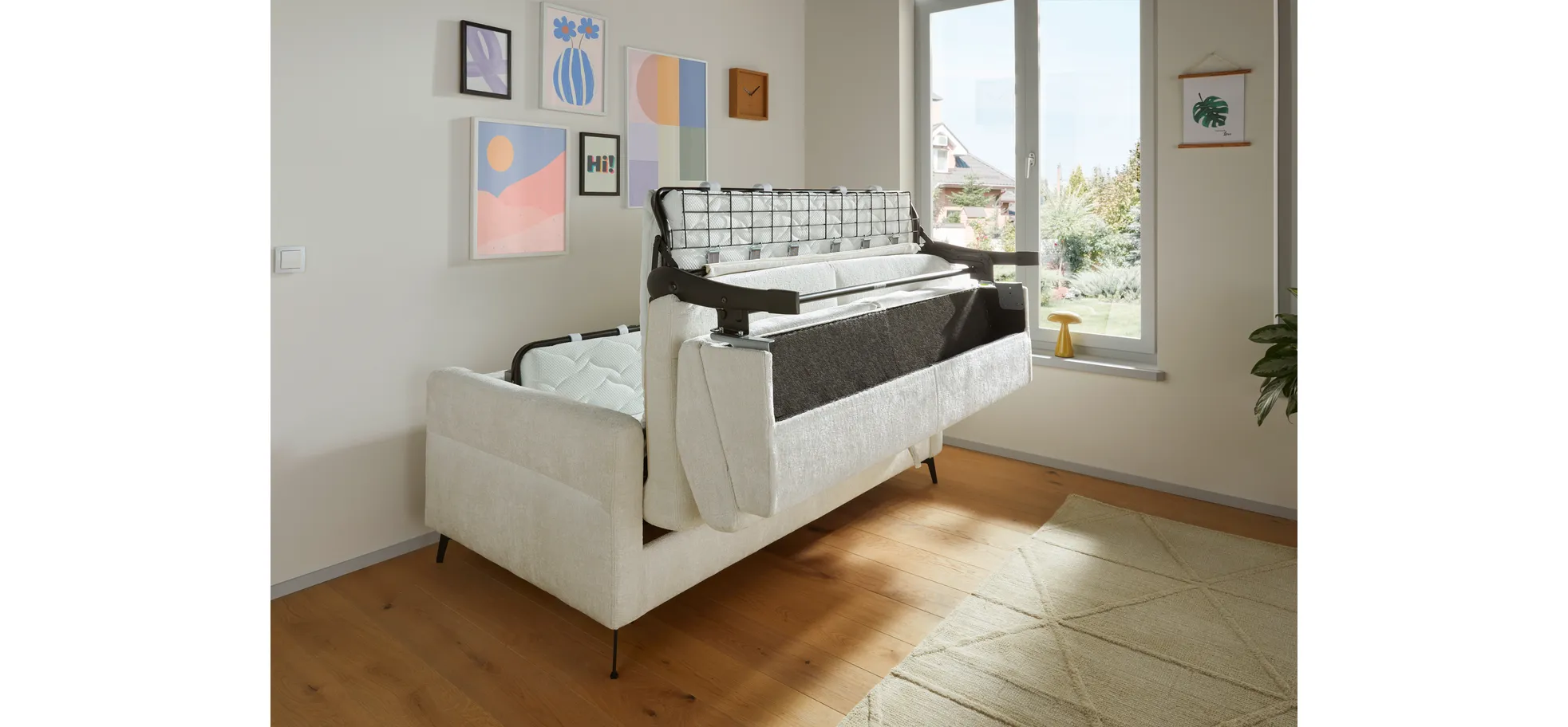 Schlafsofa Laredo - 2,5-Sitzer inkl. Schlaffunktion und Armlehne klappbar, Stoff, Offwhite