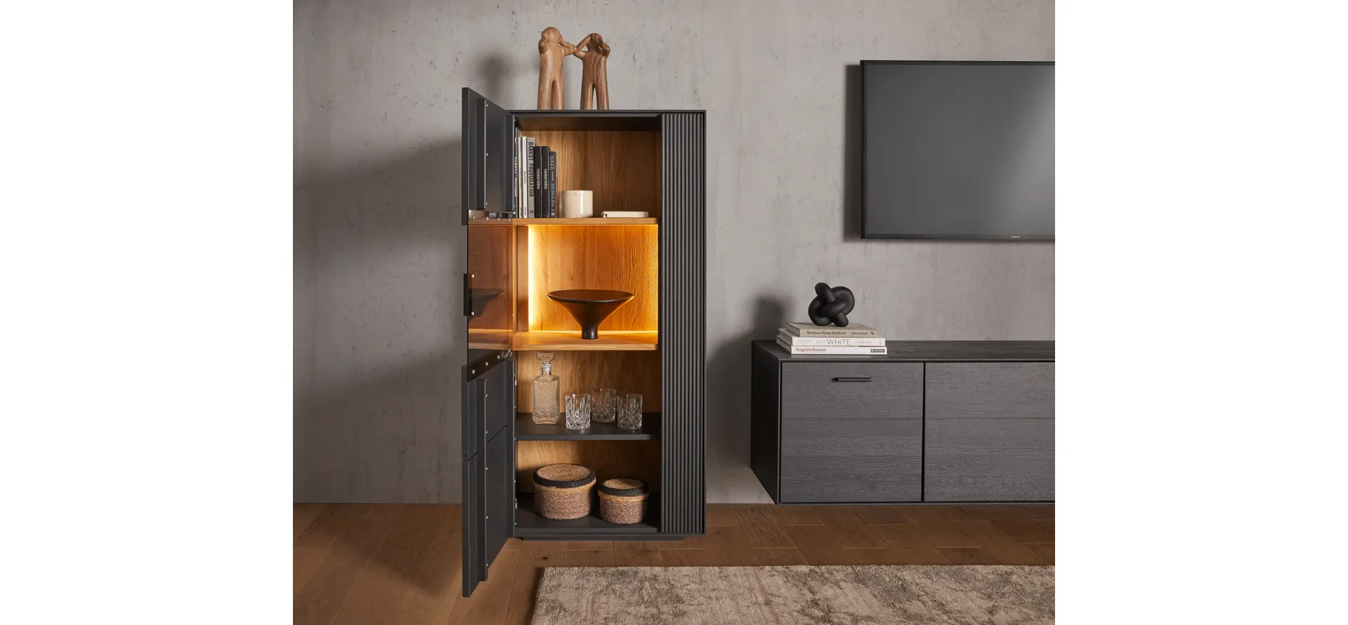 Vitrine Estana - inkl. Beleuchtung, Eiche massiv, anthrazit