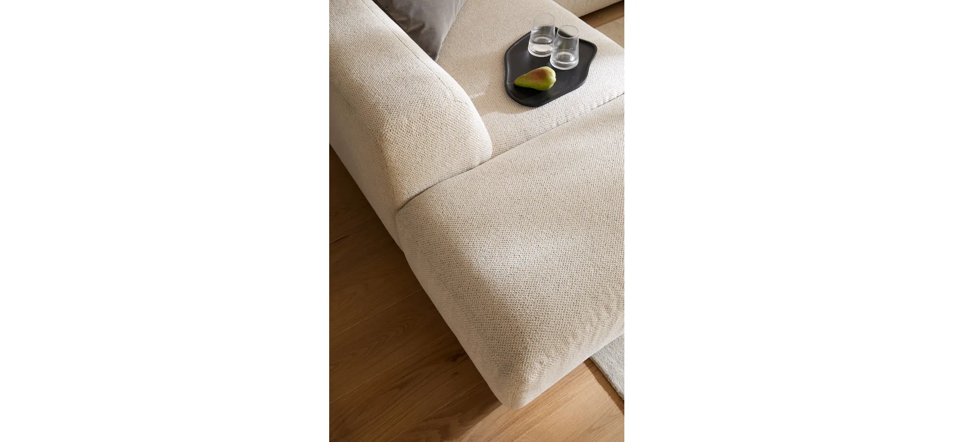 Ecksofa Caruso - Ecke links, 2-Sitzer, Longchair rechts, inklusive Kissen, Stoff, Ecru