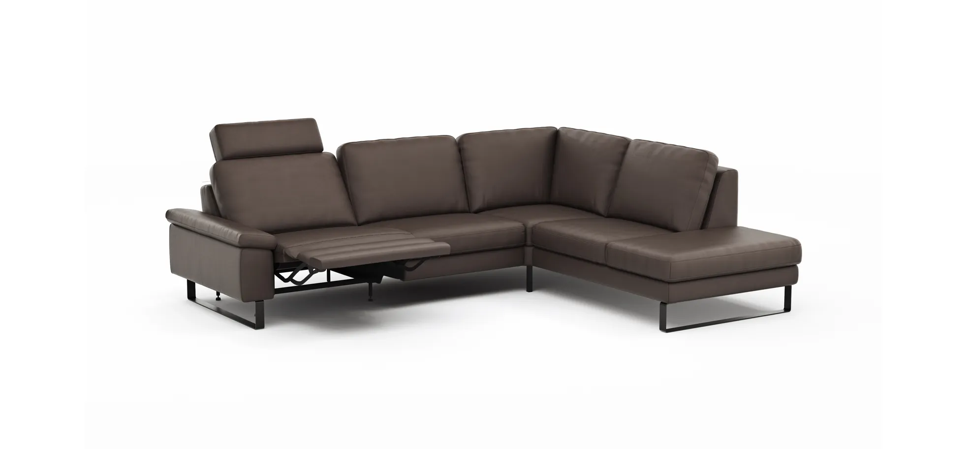 Ecksofa Enna - 3-Sitzer mit Ecke rechts inkl. motorischer Relaxfunktion, Leder, Mocca