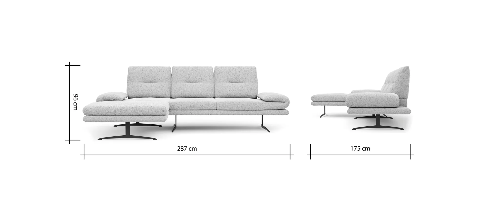 Ecksofa Lucero 2.0 - Longchair mit 2-Sitzer rechts inkl. Sitztiefenverstellung, Drehsitz und Sitztiefe verstellbar, Stoff, Offwhite