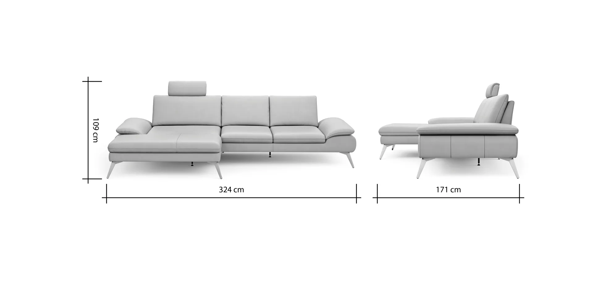 Ecksofa Collina - Longchair links, 2,5-Sitzer, inklusive Kopfstütze, Leder, Ecru