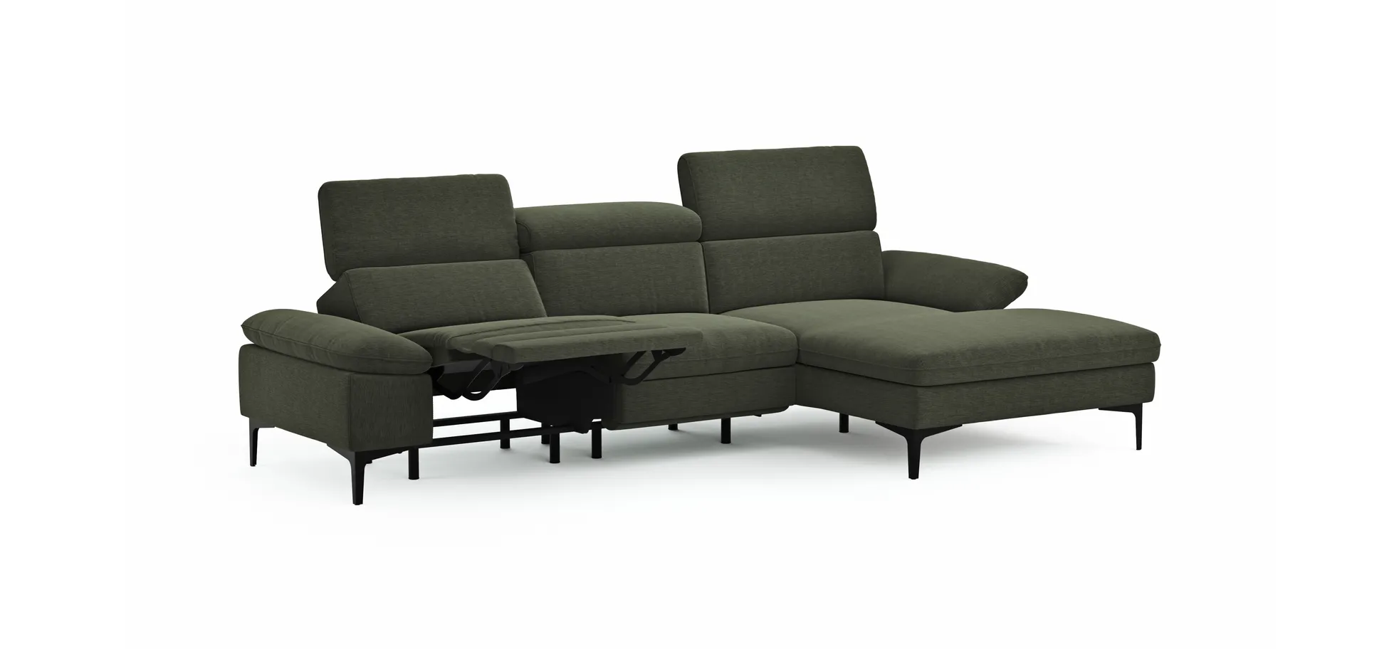 Ecksofa Felipa - 2,5-Sitzer mit Longchair rechts inkl. Armlehne verstellbar und Rückenlehne/Sitztiefe verstellbar (motorisch), Stoff, Dunkelgrün