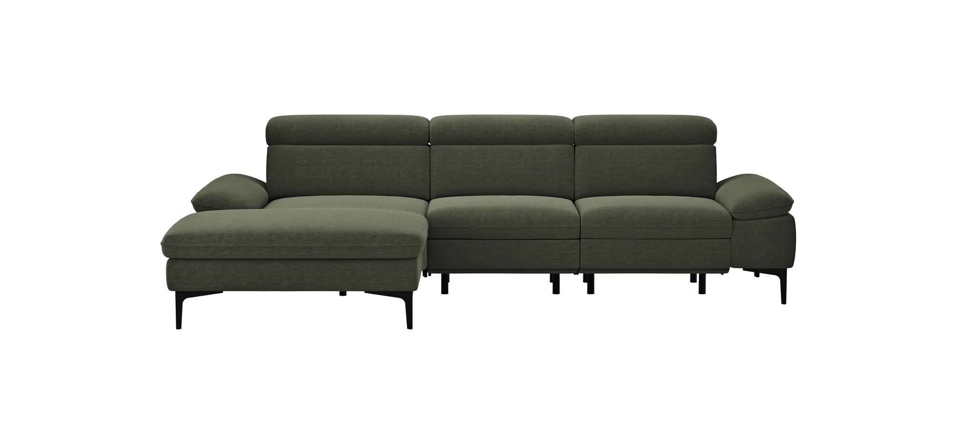 Ecksofa Felipa - Longchair links mit 2,5-Sitzer inkl. Armlehne verstellbar und Rückenlehne/Sitztiefe verstellbar (motorisch), Stoff, Dunkelgrün 105056