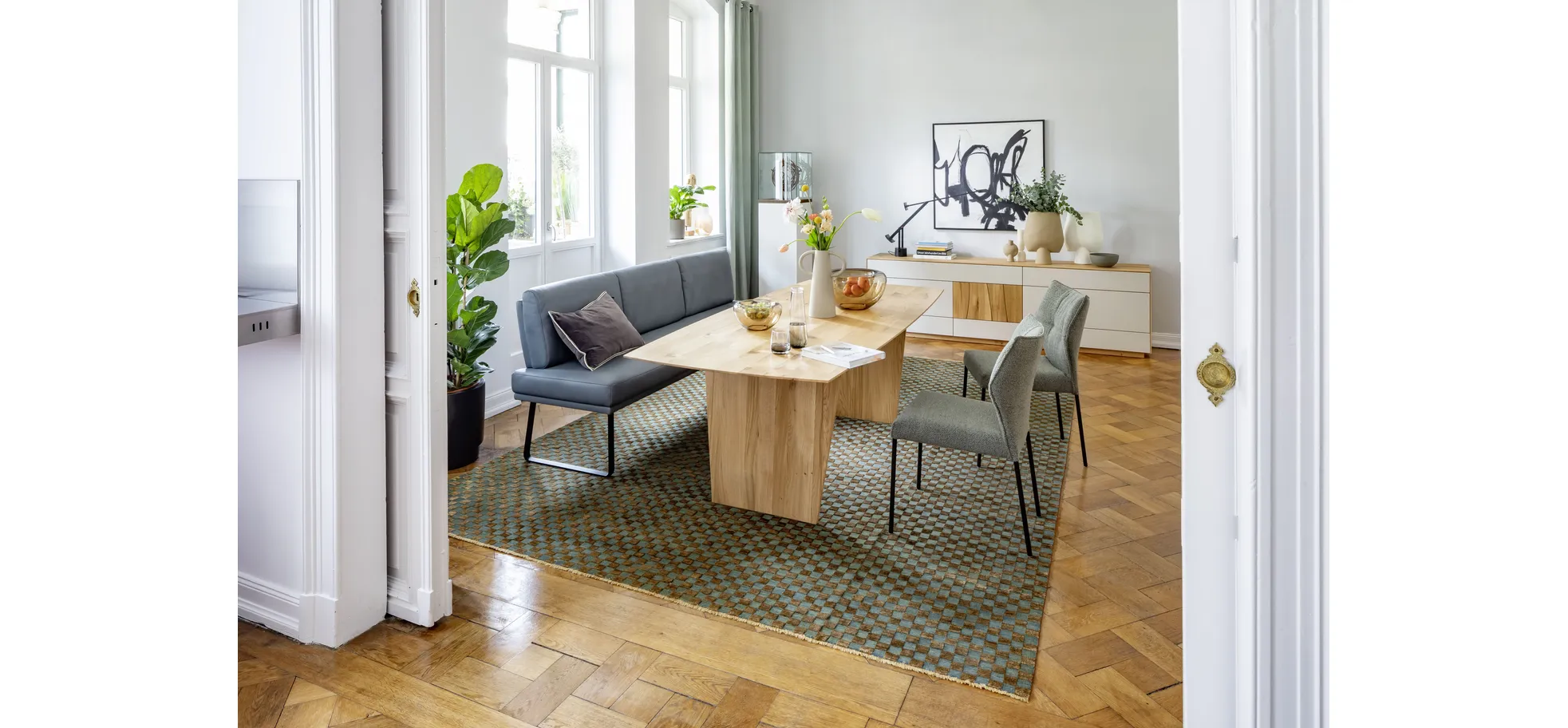 Esstisch 3100 - LB ca. 220x100 cm, Asteiche Bianco massiv, Holzwange