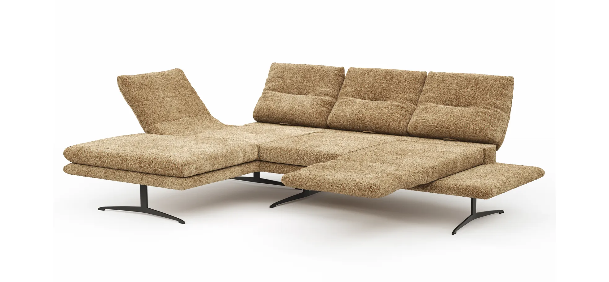 Ecksofa Lucero 2.0 - Longchair mit 2-Sitzer rechts inkl. Sitztiefenverstellung, Drehsitz und Sitztiefe verstellbar, Stoff, Cognac