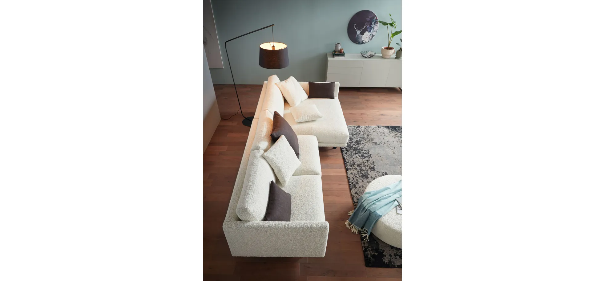 Ecksofa Cuneo - 2-Sitzer, Longchair rechts, Boucle, Creme