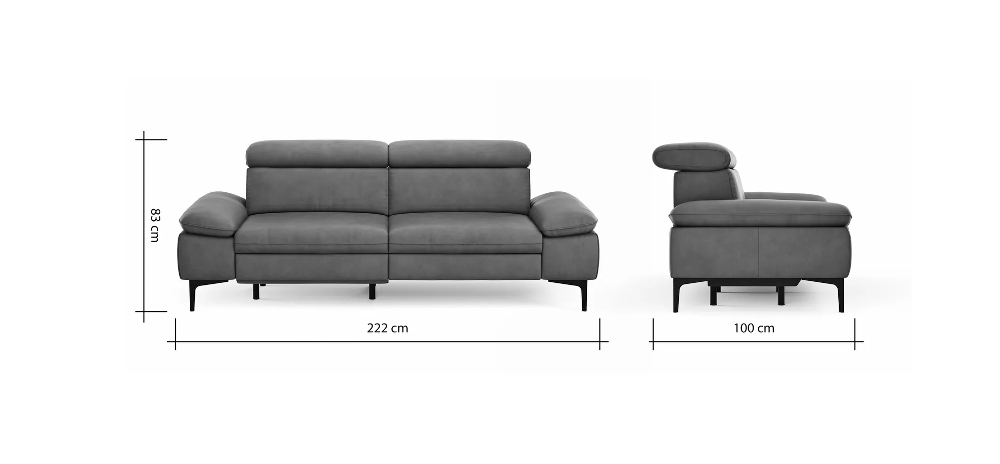 Sofa Felipa - 3-Sitzer inkl. Relaxfunktion (motorisch) und Kopfteil verstellbar, Leder, Grau