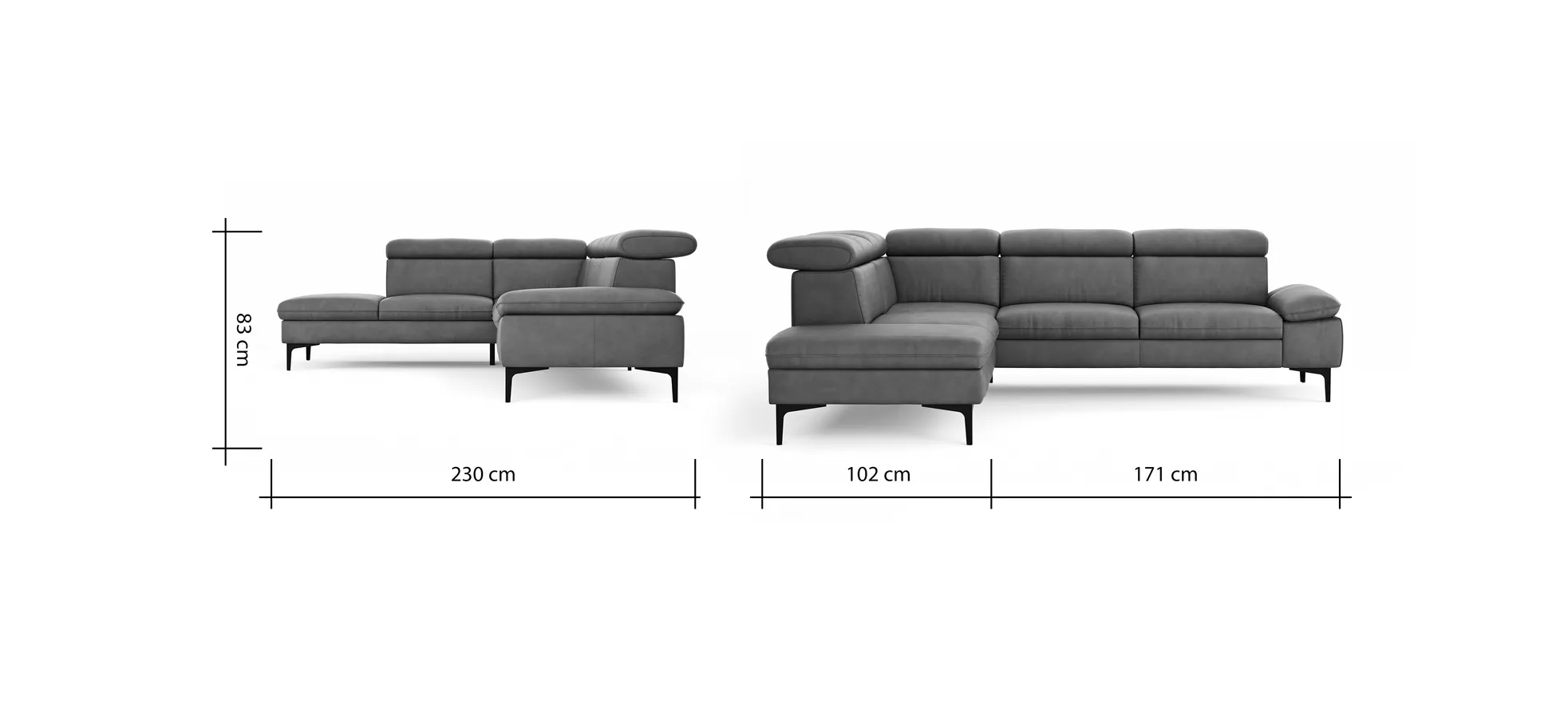 Ecksofa Felipa - Ecke links mit 2,5-Sitzer inkl. Kopfteil verstellbar, Leder, Grau