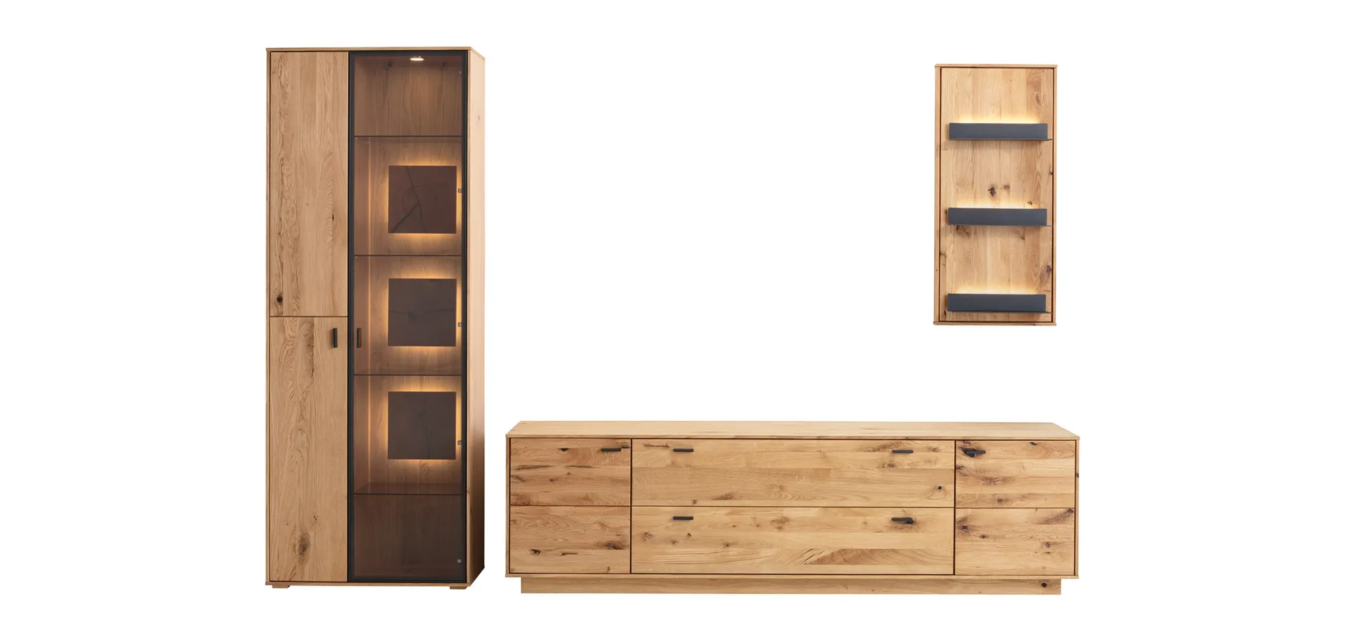 Wohnwand Fibra - inkl. Beleuchtung, Asteiche teilmassiv, natur, geölt