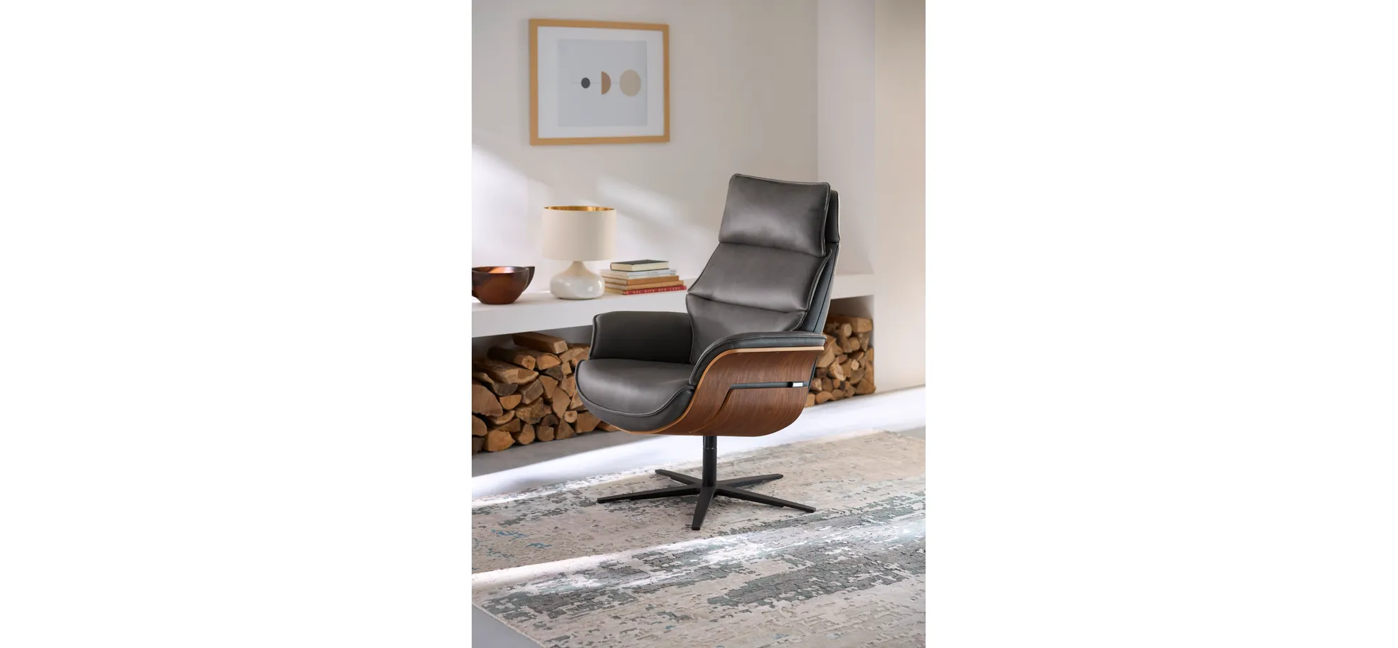 Relaxsessel Perano - Drehbar, Nussbaum, Leder, Anthrazit