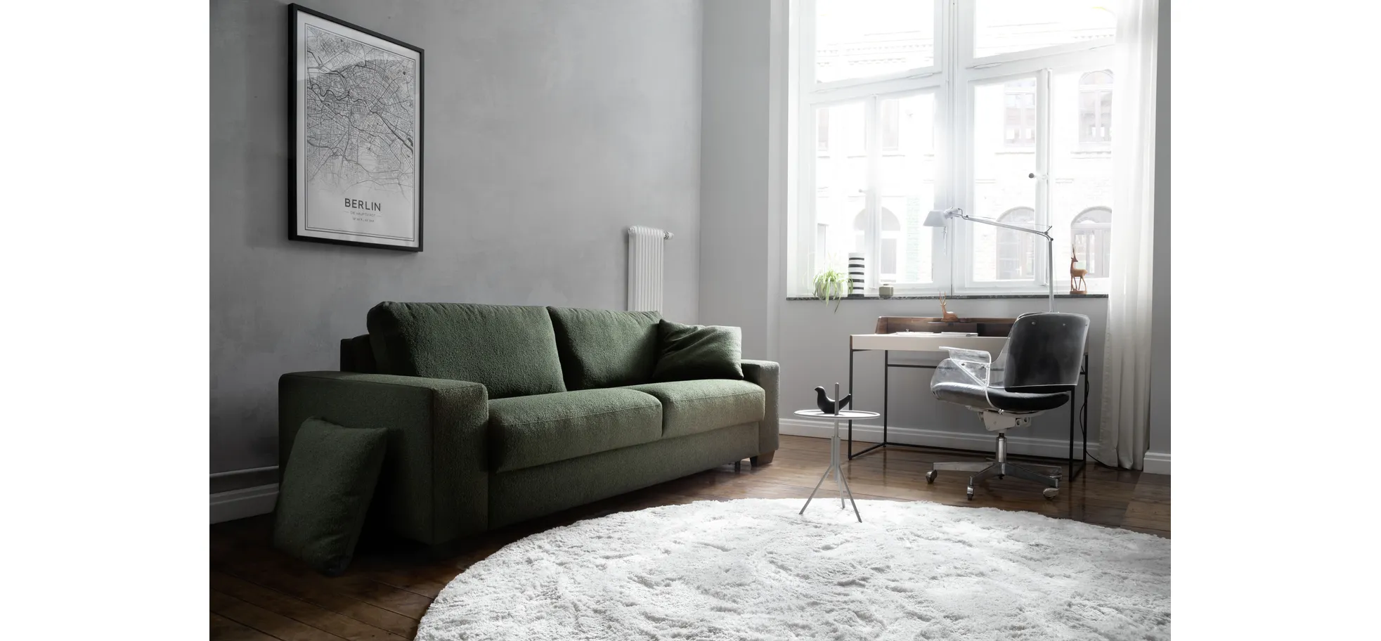 Sofa Nuoro - 3-Sitzer inkl. Schlaffunktion, Stoff, Olivgrün