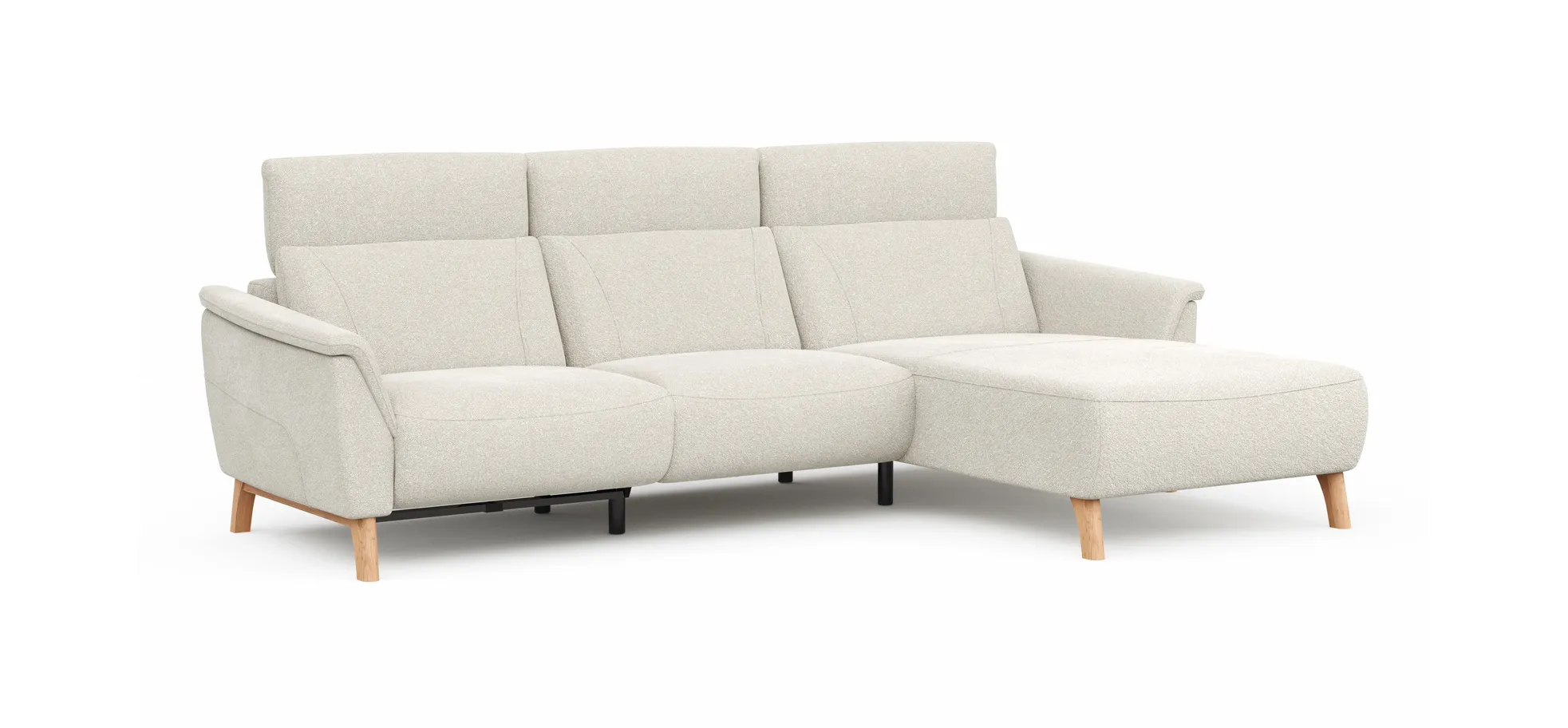 Ecksofa Nevin - 2-Sitzer mit Longchair rechts, inkl. Relaxfunktion (motorisch) und Kopfpolsterverstellung, Stoff, Weiß