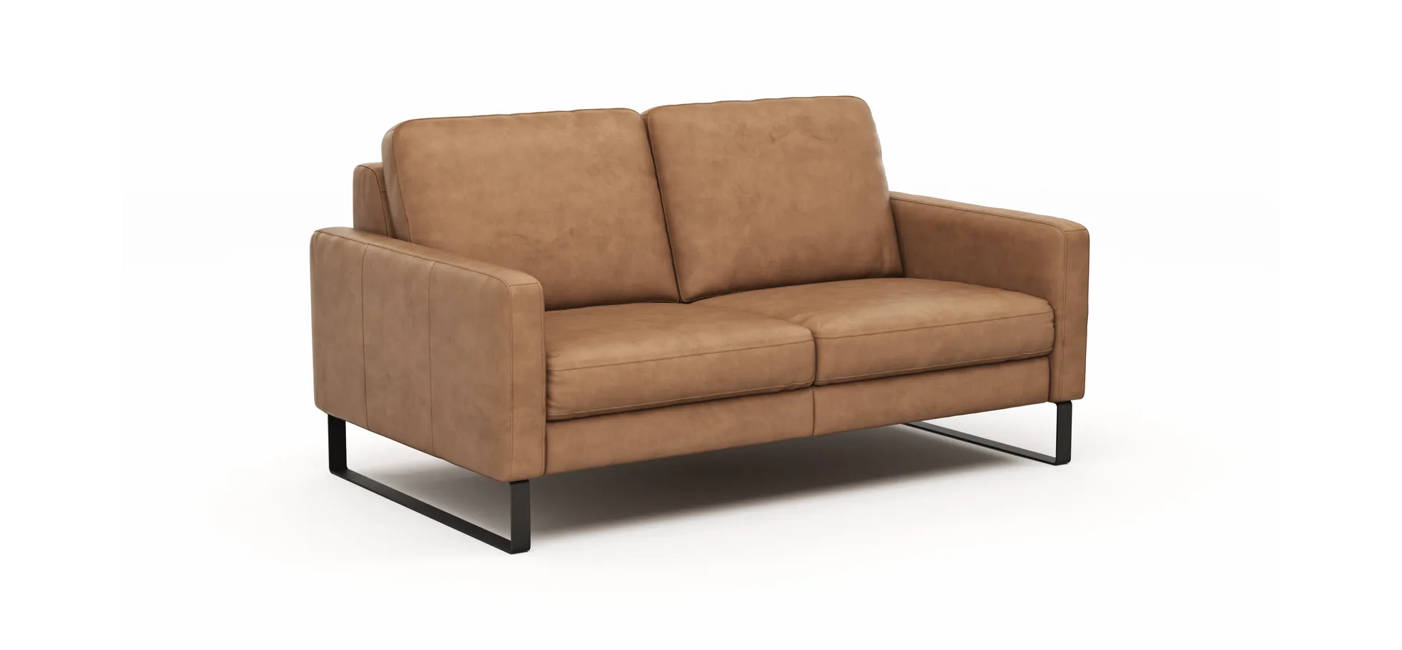 Sofa Enna - 2,5-Sitzer, Armlehne A, Leder, Cognac, Kufe, Schwarz