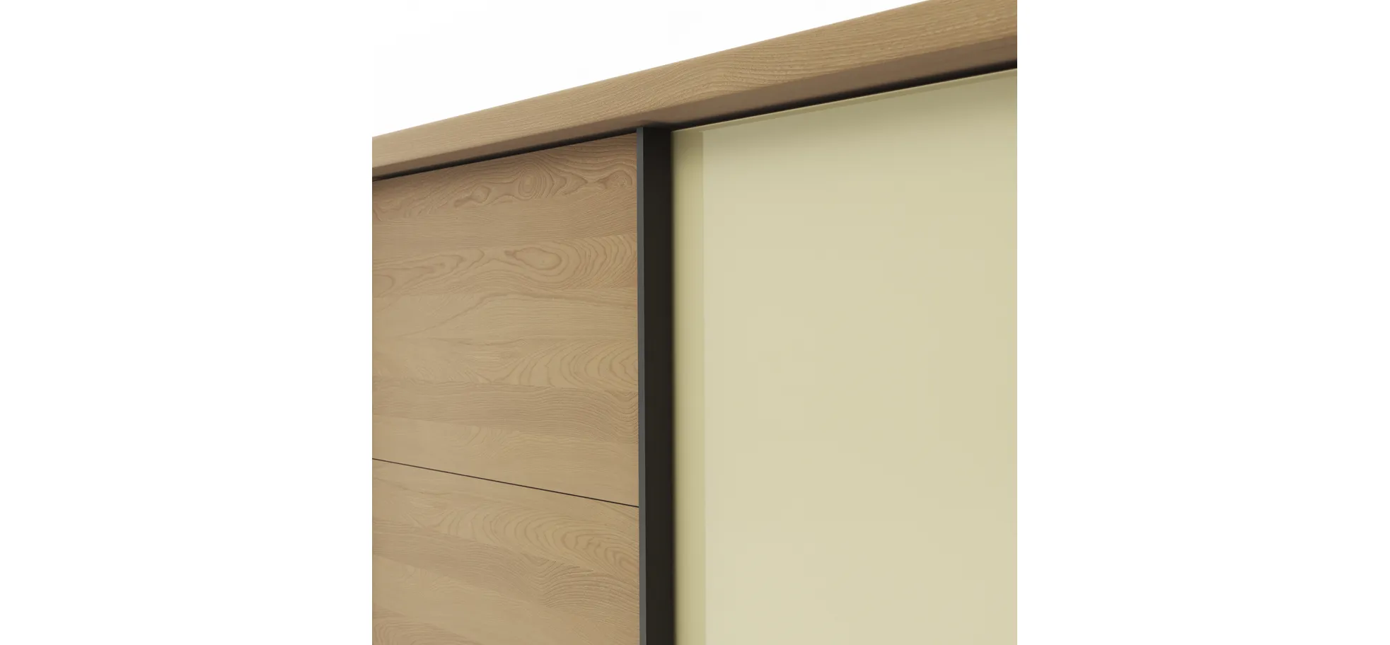 Schwebetürenschrank Lenoso -  B. ca. 260 cm, Eiche massiv, Glas, Champagner