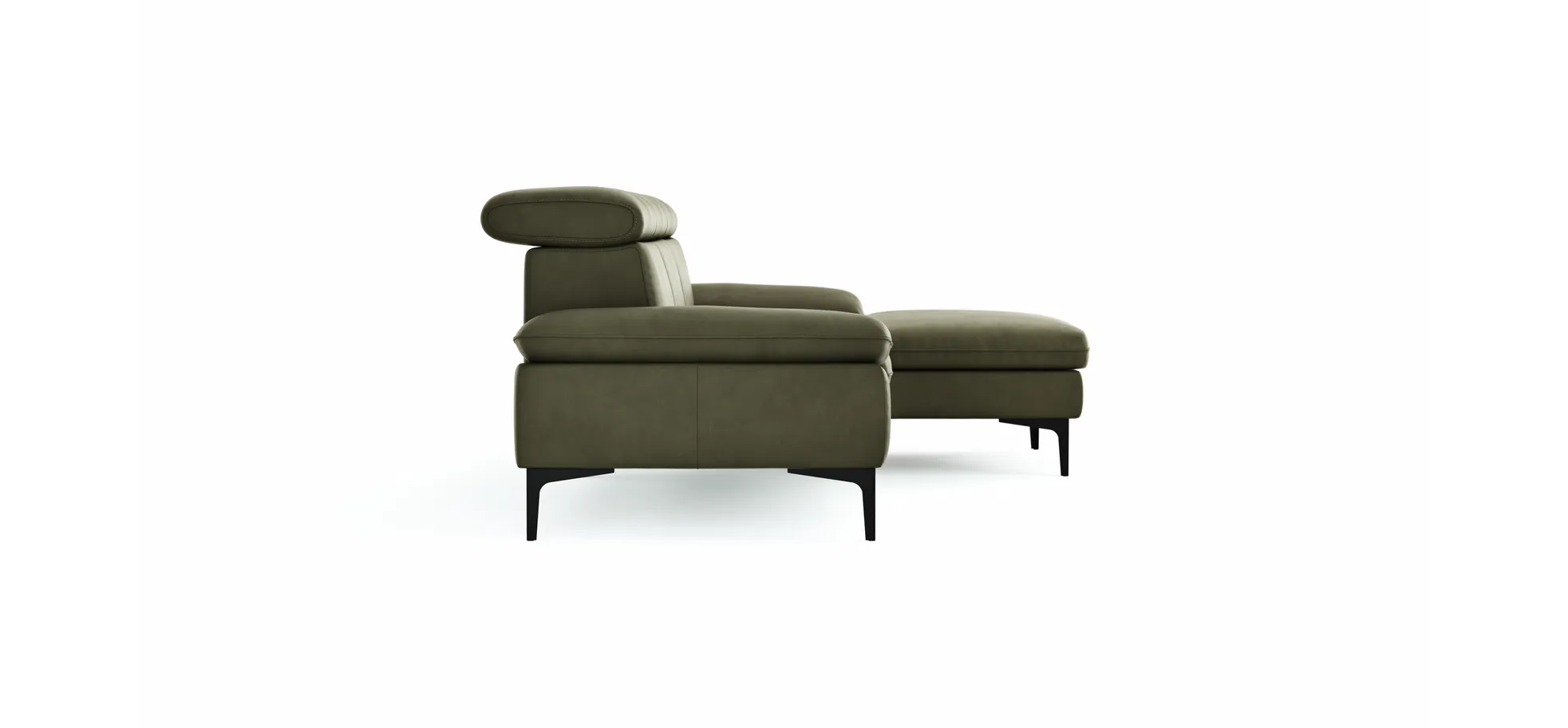 Ecksofa Felipa - 2,5-Sitzer mit Longchair rechts inkl. Kopfteil verstellbar, Leder, Olive