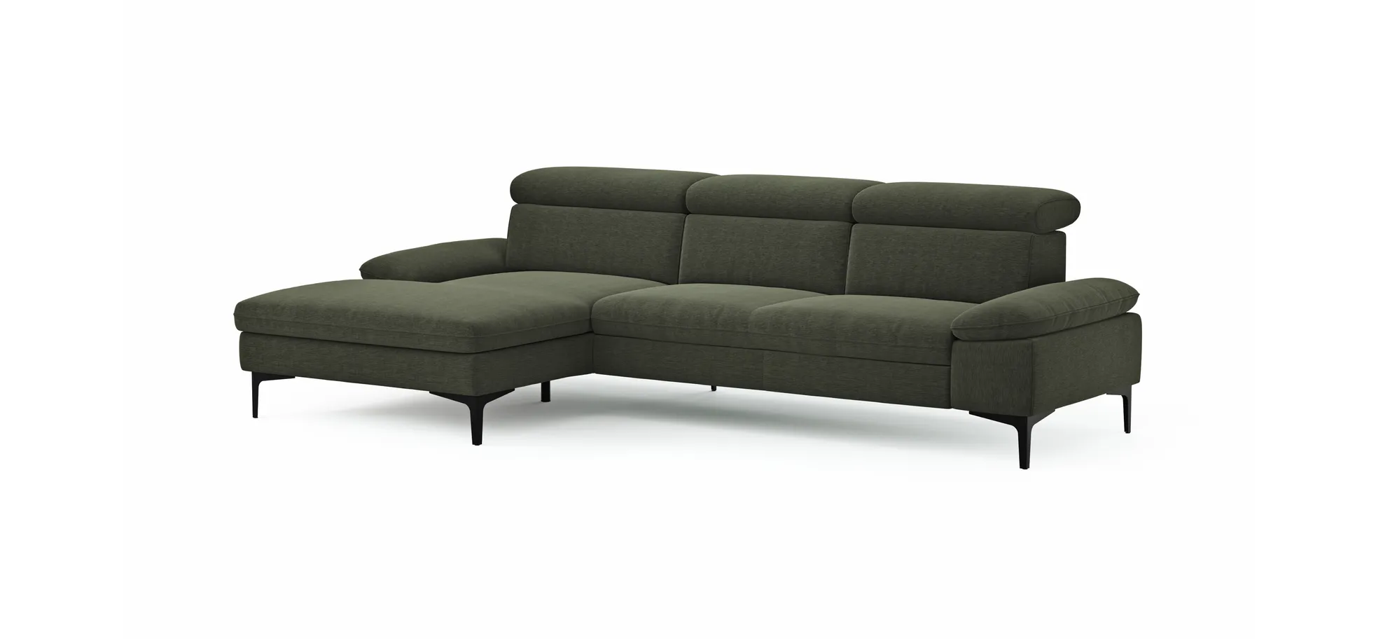 Ecksofa Felipa - Longchair links mit 2,5-Sitzer inkl. Kopfteil verstellbar, Stoff, Dunkelgrün