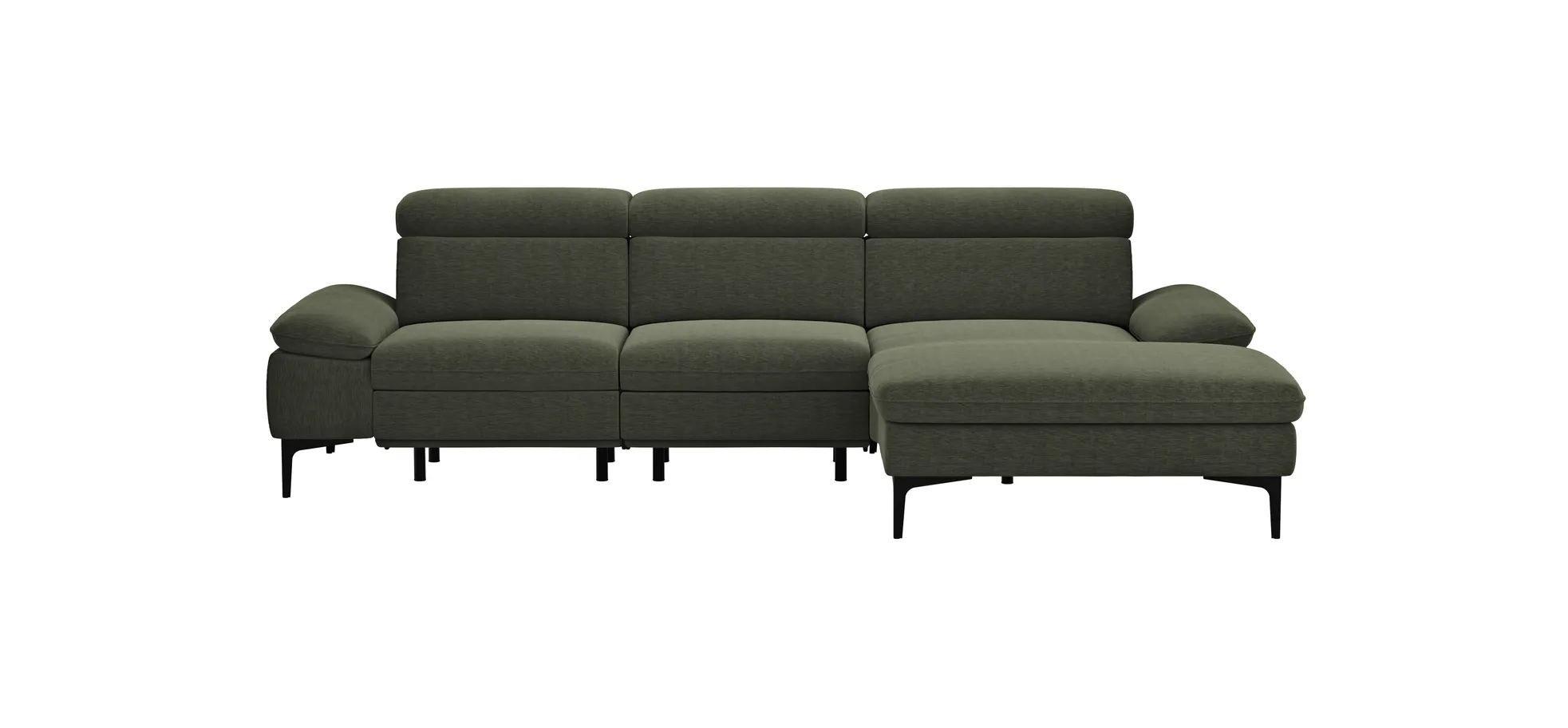 Ecksofa Felipa - 2,5-Sitzer mit Longchair rechts inkl. Armlehne verstellbar und Rückenlehne/Sitztiefe verstellbar (motorisch), Stoff, Dunkelgrün 105103
