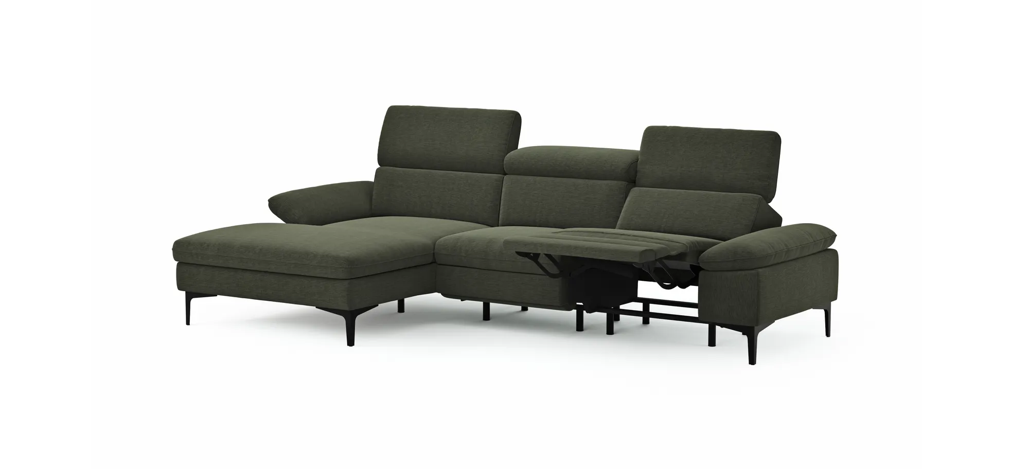 Ecksofa Felipa - Longchair links mit 2,5-Sitzer inkl. Armlehne verstellbar und Rückenlehne/Sitztiefe verstellbar (motorisch), Stoff, Dunkelgrün