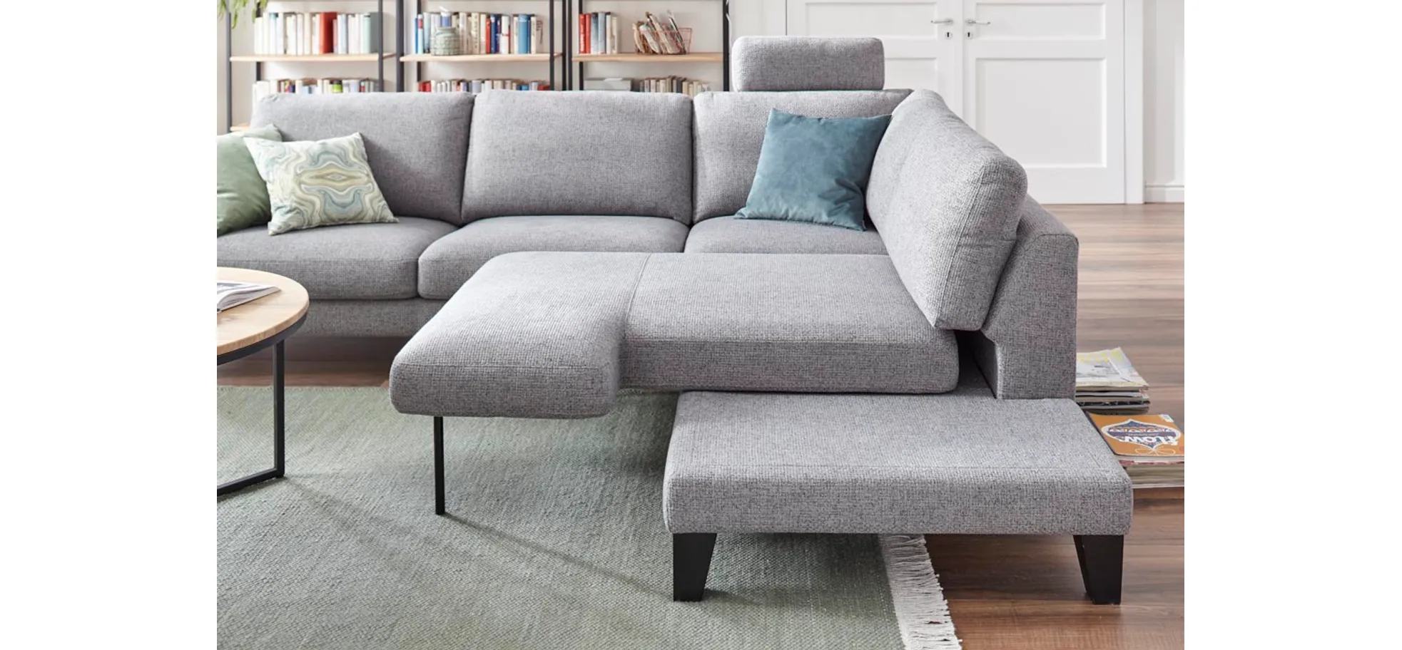 Ecksofa Oviedo - 2,5-Sitzer mit Ecke rechts inkl. Drehsitz, Stoff, Grau