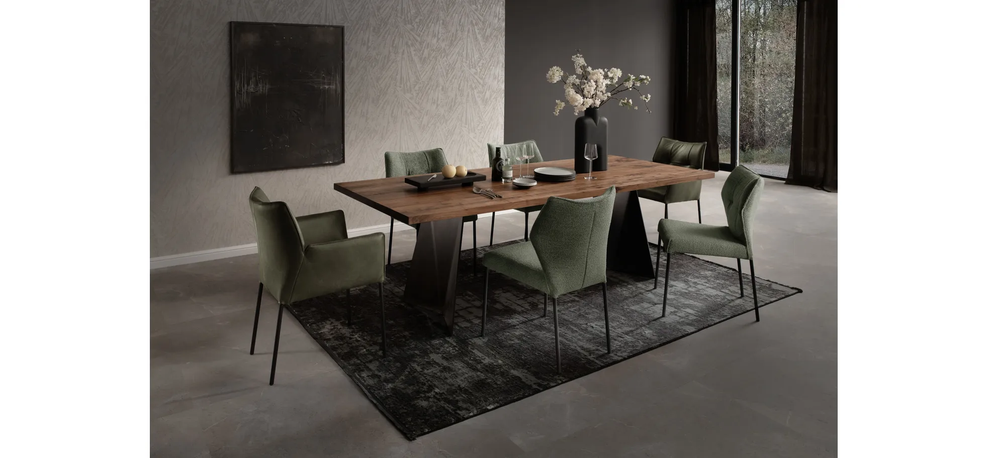 Esstisch 3100 - LB ca. 220x100 cm, Nussbaum Massiv, Stahlwange geneigt, Schwarz