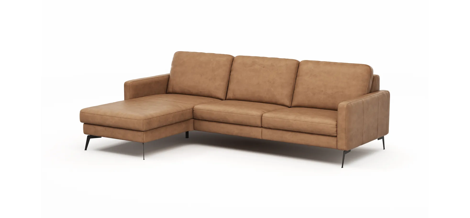 Ecksofa Enna - Longchair Links mit 3-Sitzer, Armlehne A, Leder, Cognac