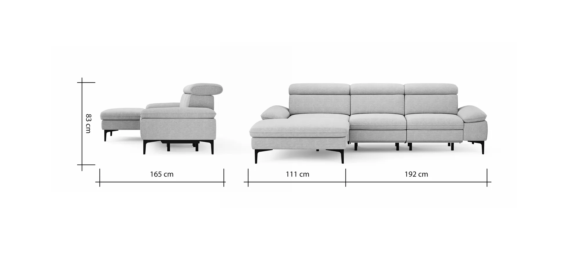 Ecksofa Felipa - Longchair links mit 2,5-Sitzer inkl. Armlehne verstellbar und Rückenlehne/Sitztiefe verstellbar (motorisch), Stoff, Grau
